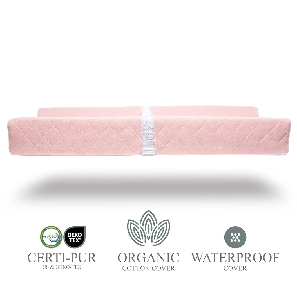 Organic Cotton Contoured Baby Changing Pad w/Waterproof Foam Mattress, Includes Soft, Removable & Washable Cover, Safety Strap, Non-Slip Bottom, Topper for Standard Size Infant Diaper Table & Dresser
