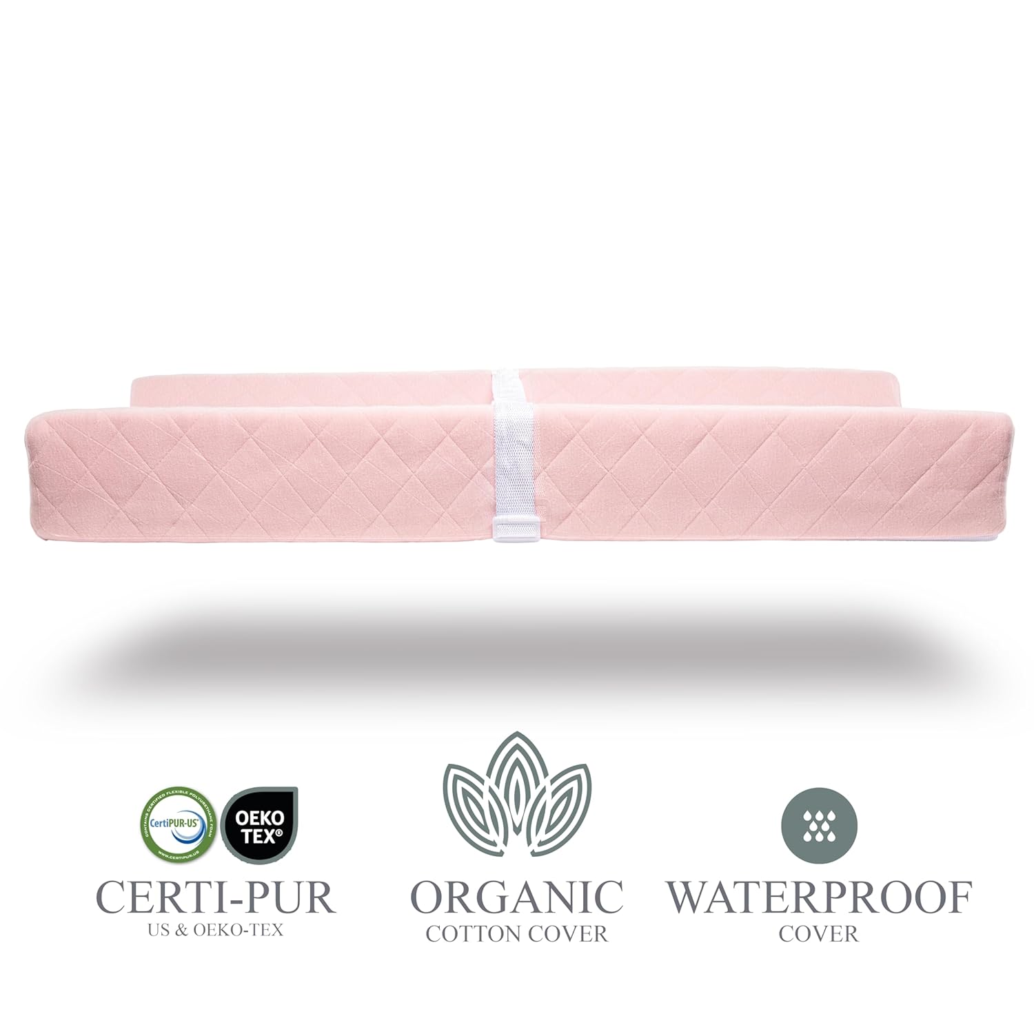 Organic Cotton Contoured Baby Changing Pad w/Waterproof Foam Mattress, Includes Soft, Removable & Washable Cover, Safety Strap, Non-Slip Bottom, Topper for Standard Size Infant Diaper Table & Dresser