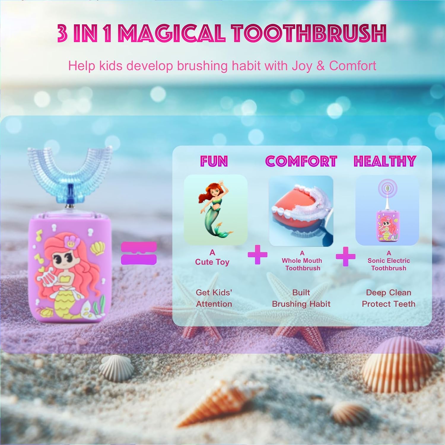 Kids Electric Toothbrush, U Shaped Toothbrush Kids Sonic Automatic Brush with Cup 5 Brush Head 6 Sonic Clean Modes IPX7 Waterproof Mermaid Design Rechargeable Smart Timer for Children 2-7