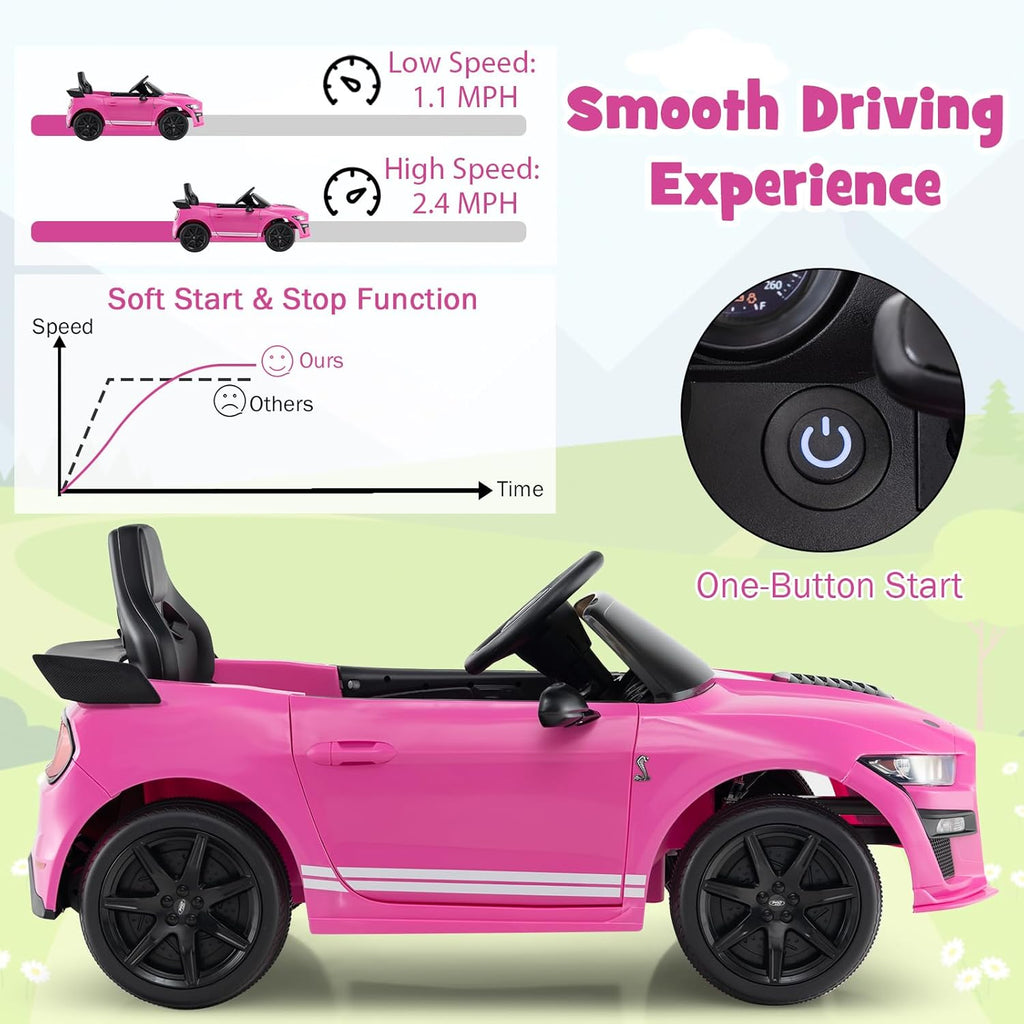 Costzon Ride on Car, 12V Licensed Ford Mustang Shelby GT500 Kids' Electric Vehicles w/Remote Control, USB Port, Radio, Music, Player, High Low Speed & Soft Start, Racing Kids Car for Toddlers (Pink)