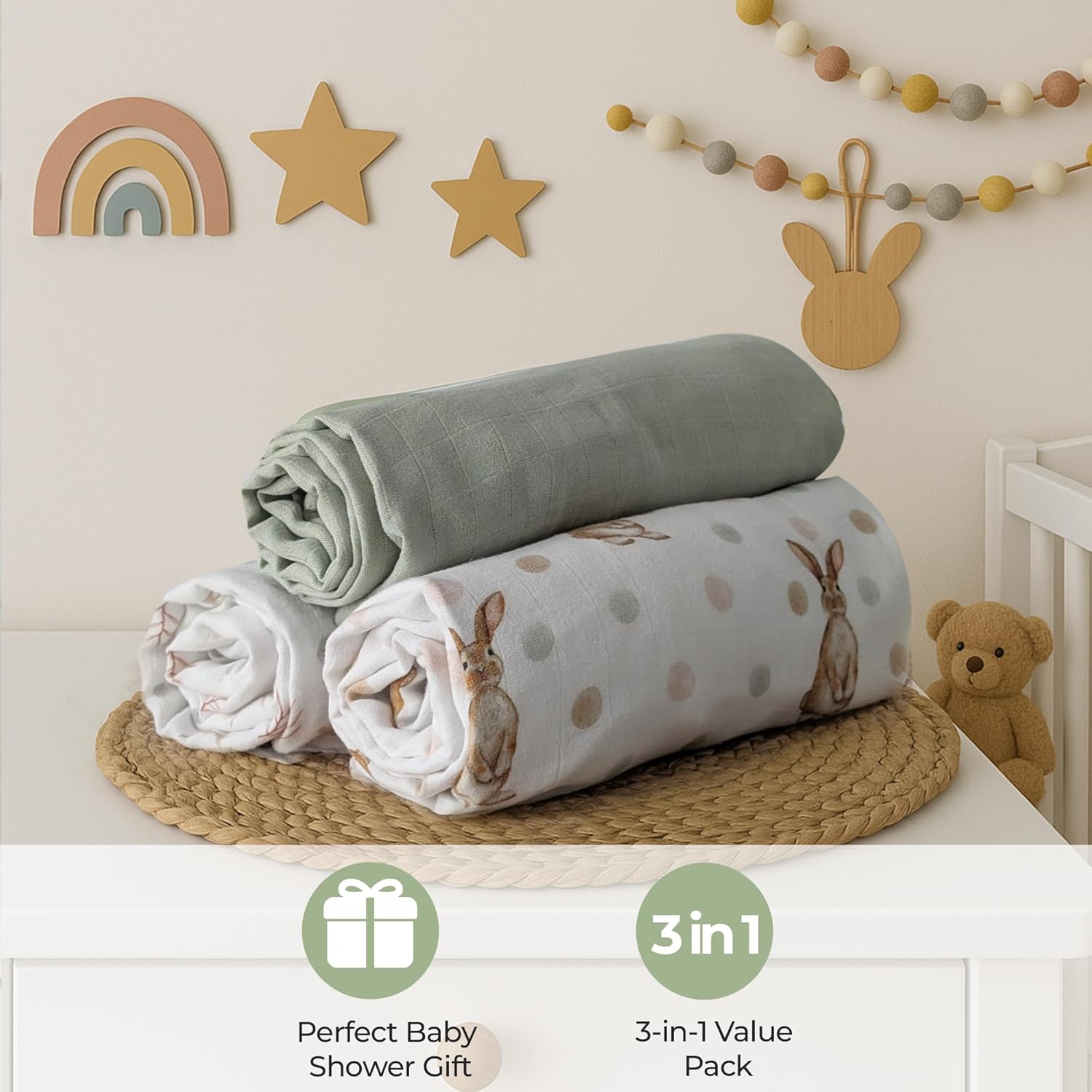 Muslin Swaddle Blankets for Newborn – 3 Pack Large 47"x47" Receiving Blankets – Soft, Breathable & Gentle – Unisex Forest Theme