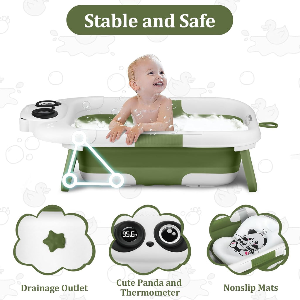 Foldable Baby Bathtub, Lightweight Bathtub for Infants to Toddlers with Soft Cushion & Thermometer, Portable Baby Tub Newborn to Toddler 0-36 Months(Green)