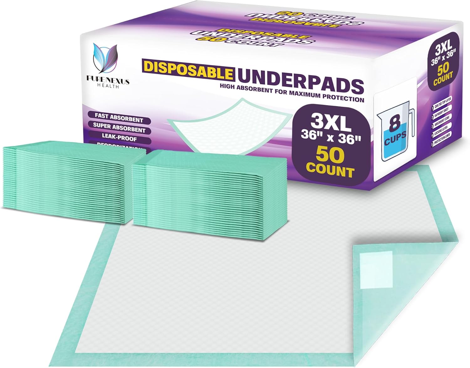 Disposable Bed Pads for Adults Extra Large 36 x 36 (50 Count) - Incontinence Bed Pads, Chuck Pads, Chux Pads, Changing Pads for Baby, Pee Pads for Kids