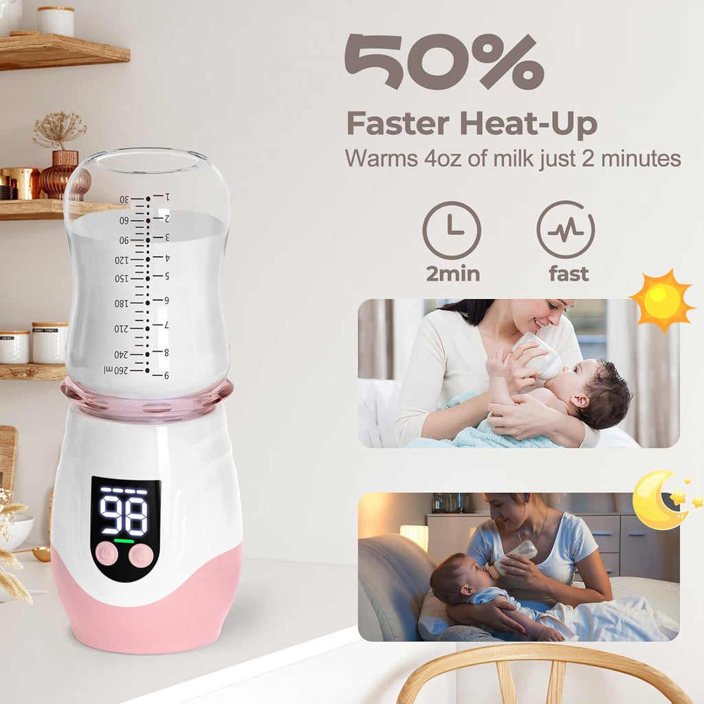 Portable Cordless Baby Bottle Warmer for Travel, Rechargeable with 8 Adapters & 1 Milk Powder Container, Safe Material, Fast Heating, Compatible with Major Brands,Pink