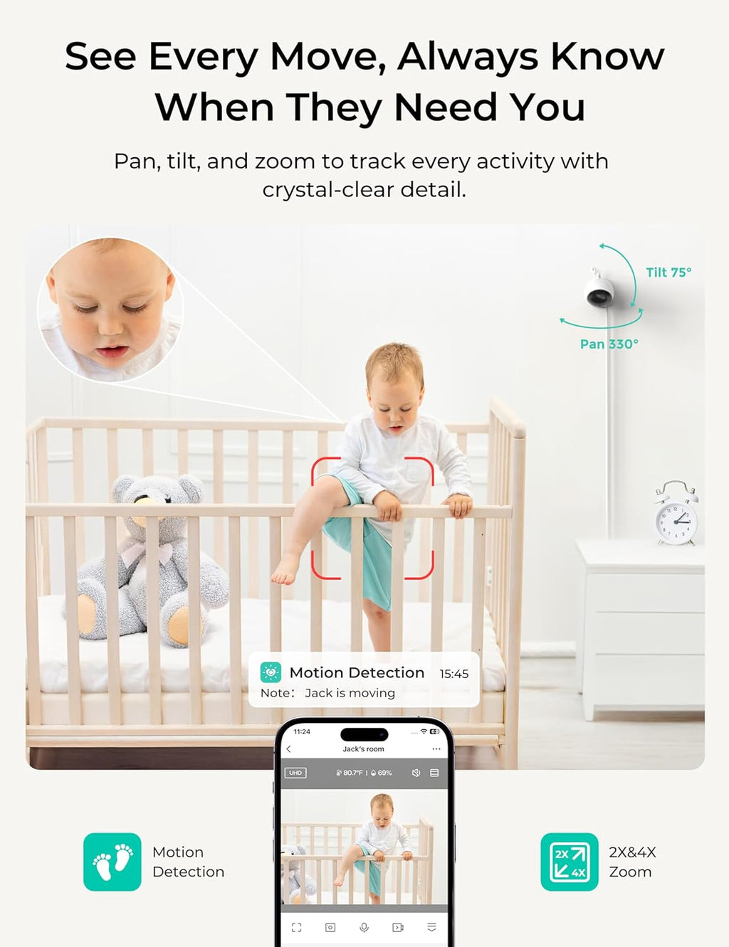 VistaView Lite Smart WiFi Baby Monitor - 4” 720P Split Screen & 1080P Camera App Control, Motion Alerts, HD Night Vision, 3000mAh Battery, 2-Way Talk, Multi-User, Triple Security, 1000ft Range