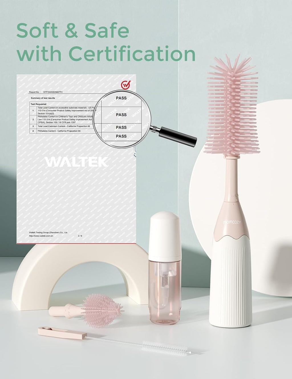 Momcozy Bottle Brush Kit, Innovative Push-Press Design for Better Cleaning - Baby Bottle Cleaner Brush for Baby Bottle, Breast Pumps, Nipples, and More - Can Generate Foam for Better Cleaning, Pink