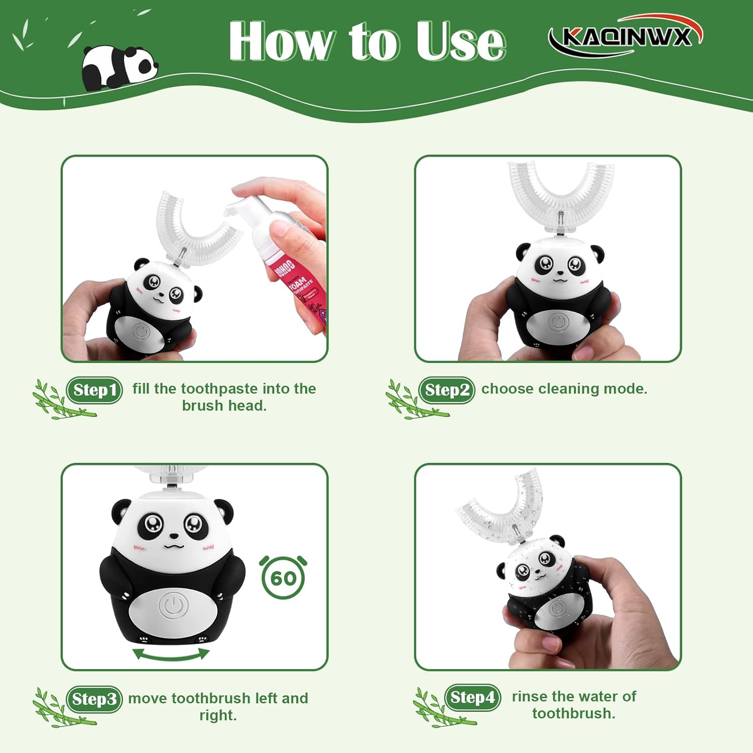 Kids U Shaped Electric Toothbrush for Age 2-12, Rechargeable Toddler Toothbrush with Smart Timer & 3 Clean Modes, Panda Design, IPX7 Waterproof, 3 Brush Heads & 360°Cleaning
