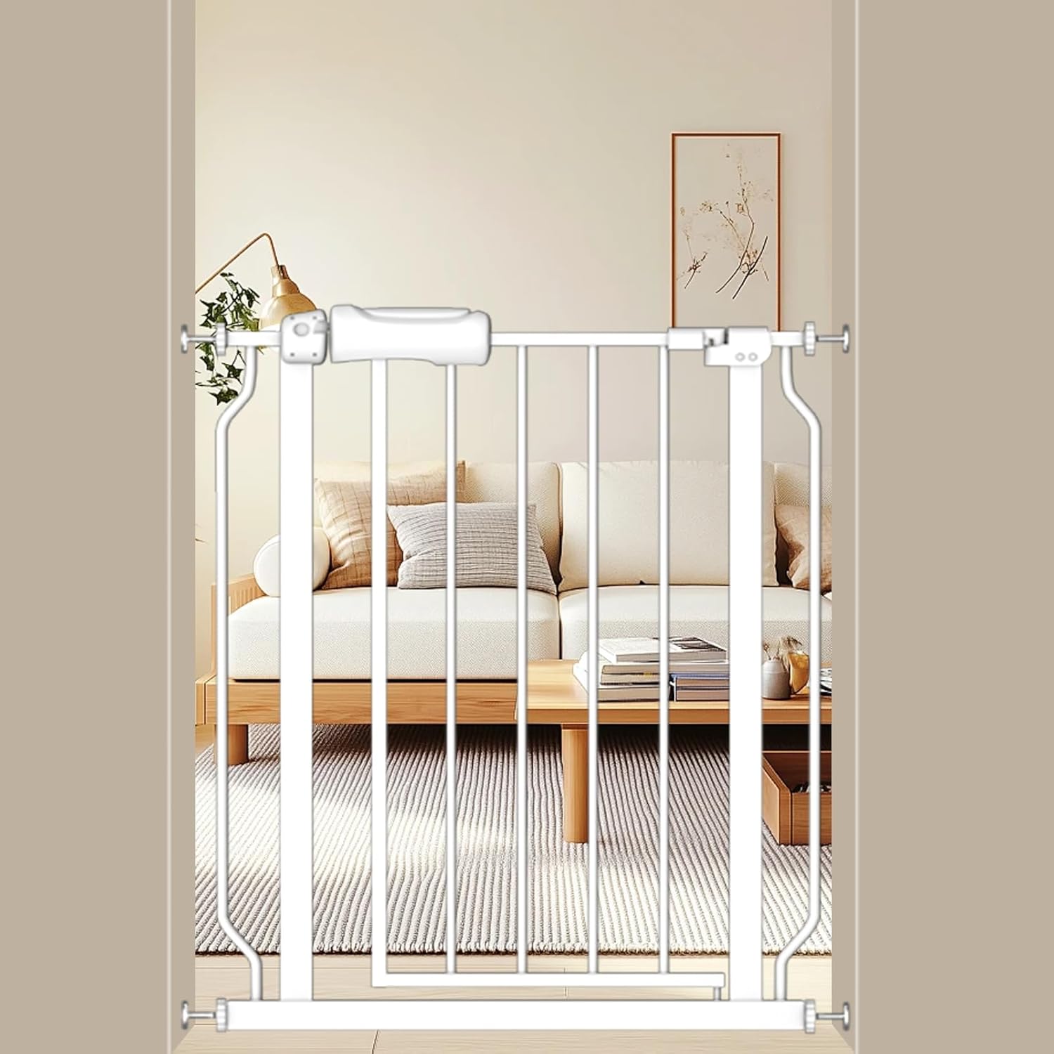 ALLAIBB Extra Wide Baby Gate Pressure Mount with Auto-Close, White Metal Safety Gate for Stairs & Doorways - Child Proof, Pet Barrier for Hallways, Kitchen, Living Room for 29.13-33.86 inch