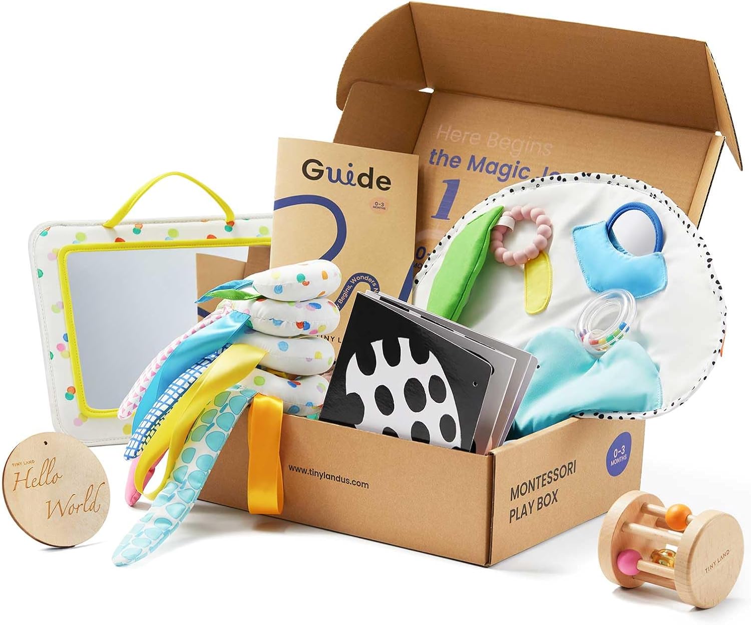 Tiny Land Montessori Baby Toy Set 0-3 Months Newborn Development Sensory Play Kit - 5-in-1 Mirror, Black & White Card Set, Rolling Bell, Play Mat, and Bed Wrap