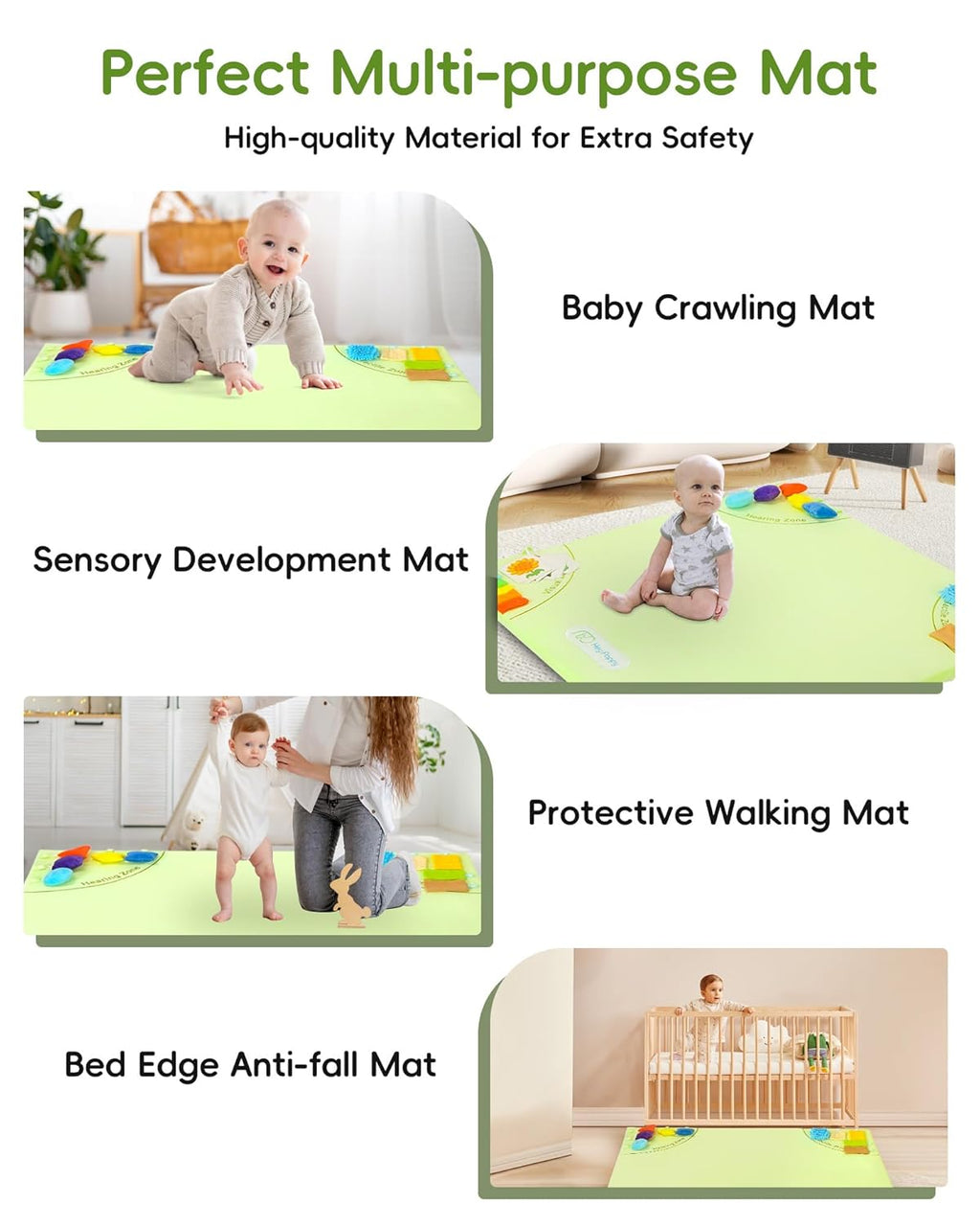 Baby Play Mat, 50''x50'' Playpen Mats with 4 Sensory Development Zones for Motor Skills, Unique Crawling Mats with Non-Slip Cushioned That Fits Nicely into Any Playroom, Green