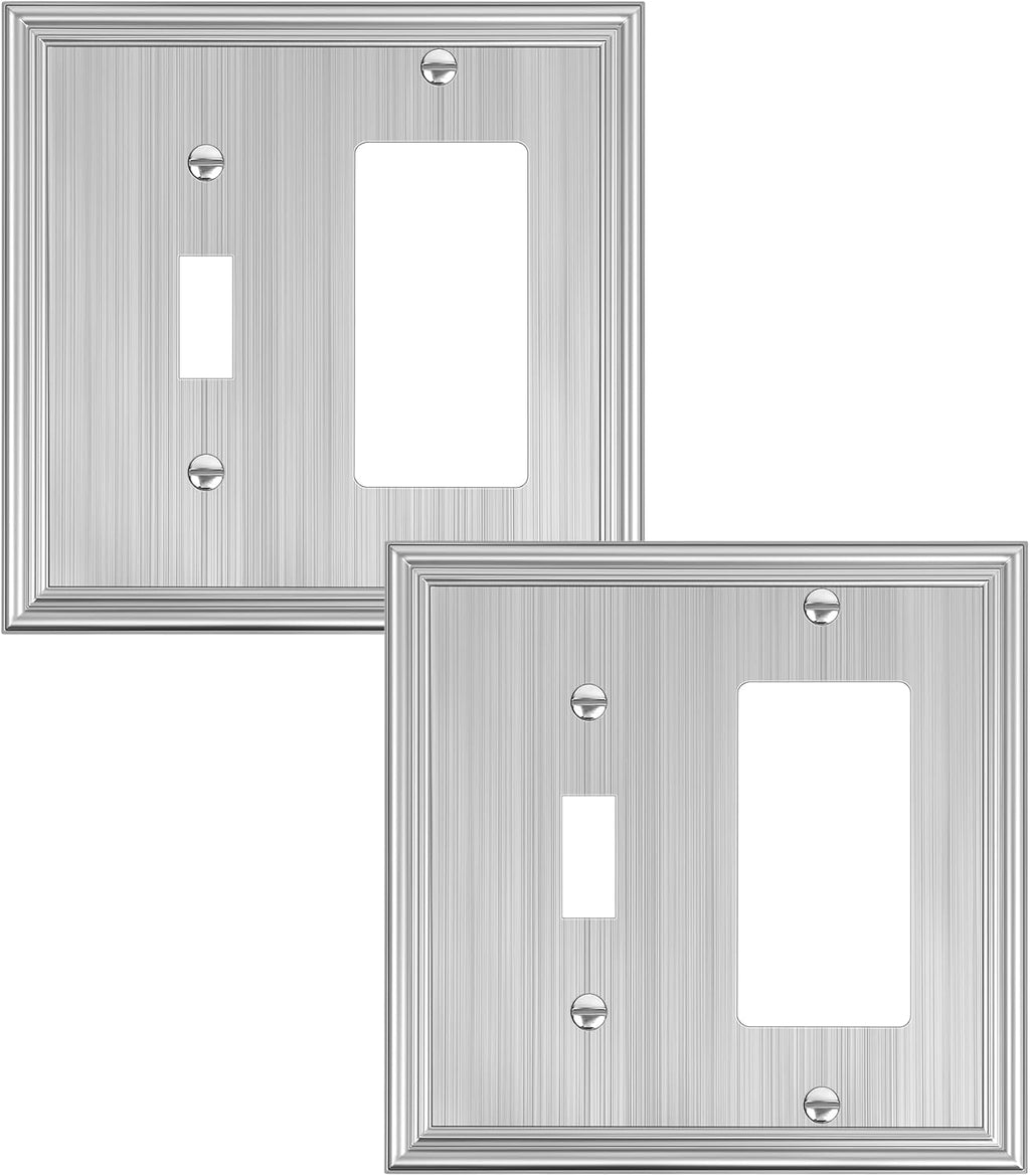 2-Pack Combo Toggle/Decorator Light Switch Cover Plate, Brushed Nickel Decorative Electrical Outlet Covers, Durable Solid Zinc Alloy Wall Switch Plates and Outlet Covers