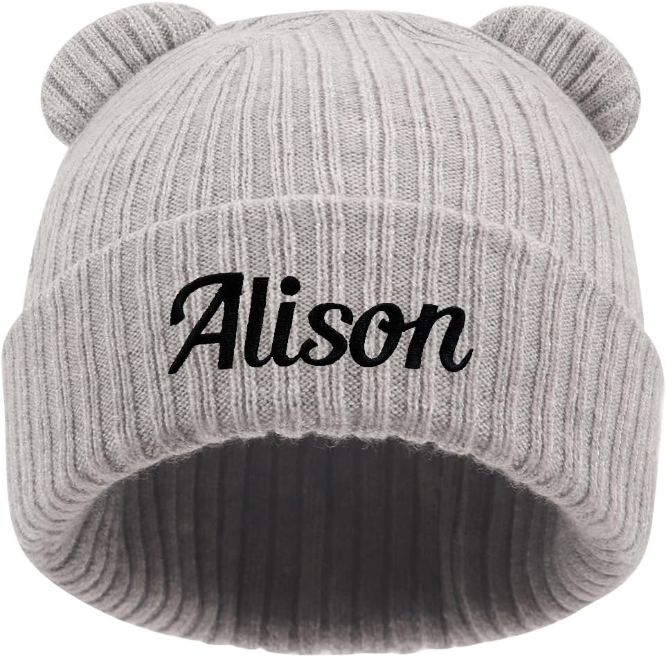 Personalized Baby Beanies Hats, Custom Embroidered Name Knitted Toddler Winter Bear Ear Hat