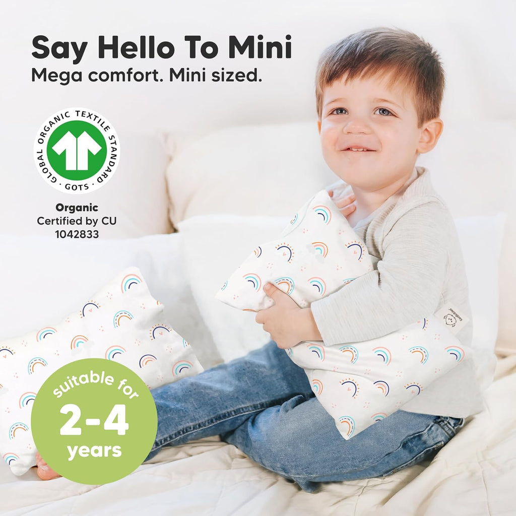 Mini Toddler Pillow with Pillowcase - 9x13 My Little Dreamy Travel Kids Pillow for Sleeping, Toddler Bed, Small, Tiny, Organic Cotton Pillowcase, Soft & Breathable, Kids 2-4 Years Old (Jolly Rainbow)