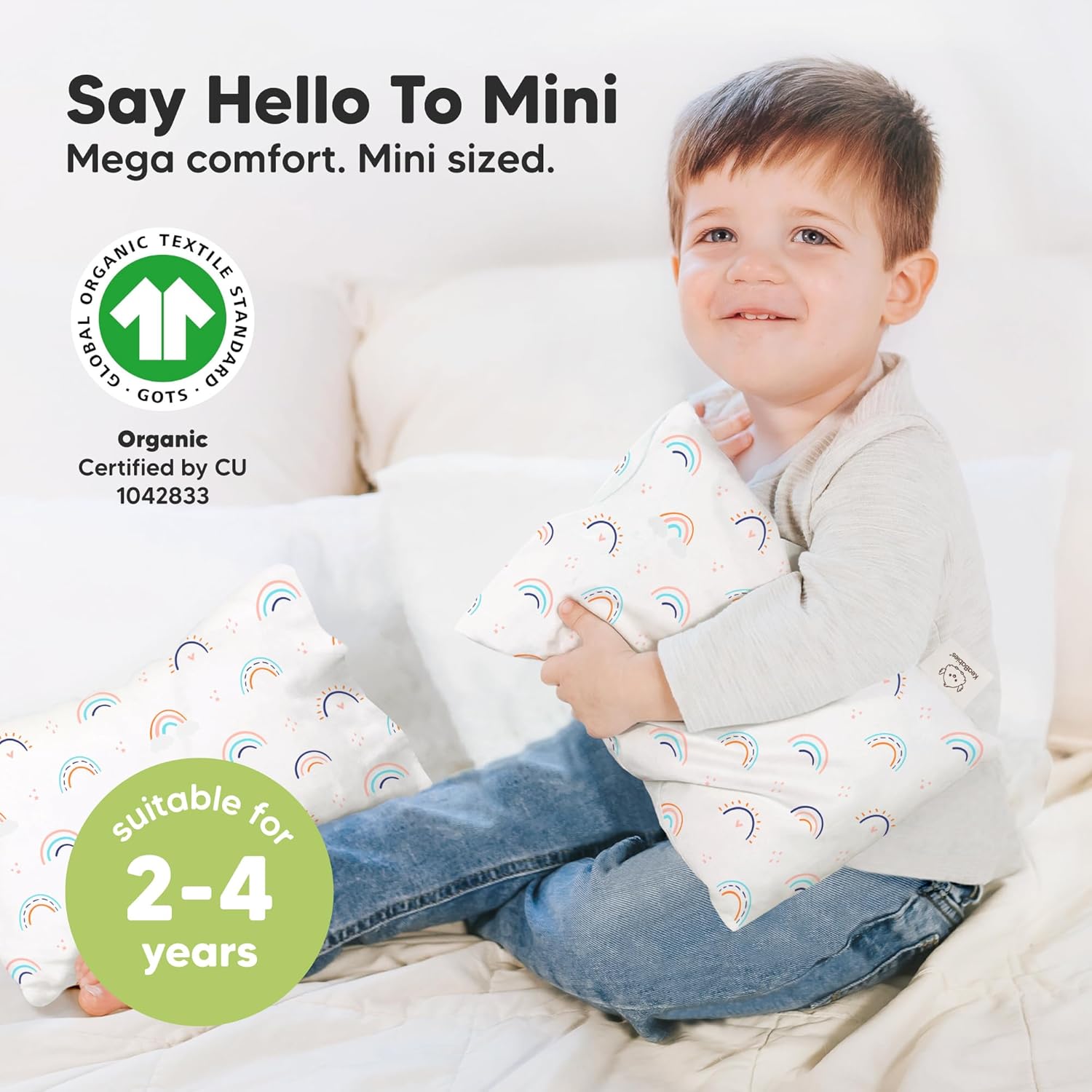 Mini Toddler Pillow with Pillowcase - 9x13 My Little Dreamy Travel Kids Pillow for Sleeping, Toddler Bed, Small, Tiny, Organic Cotton Pillowcase, Soft & Breathable, Kids 2-4 Years Old (Jolly Rainbow)