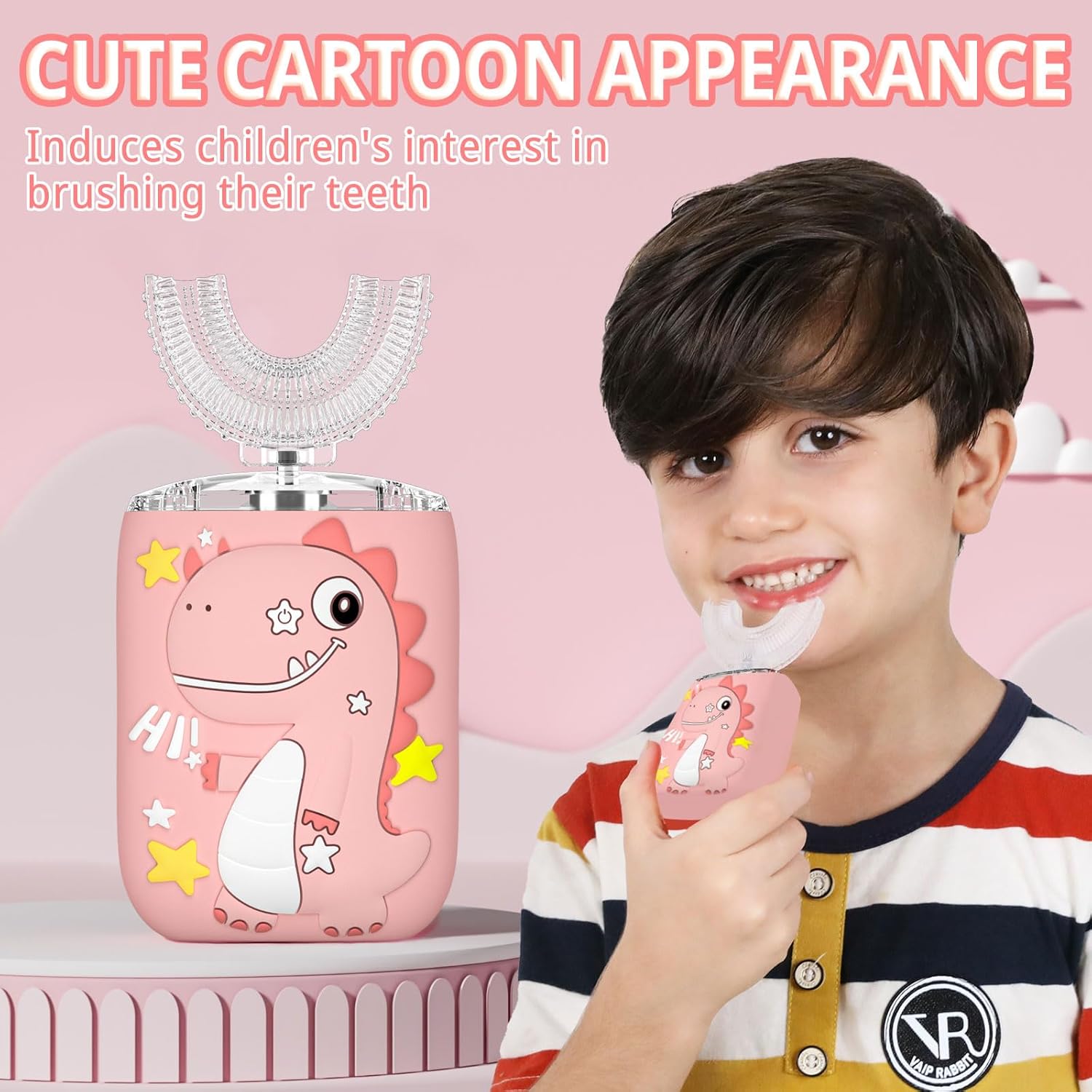 Kids Electric U Shaped Toothbrush,Kids Sonic Full Mouth Toothbrush with 4 Soft Brush Head Automatic Rechargeable 6 Cleaning Modes IPX7 Waterproof 360 Degree Cleaning - Age2-7 Pink