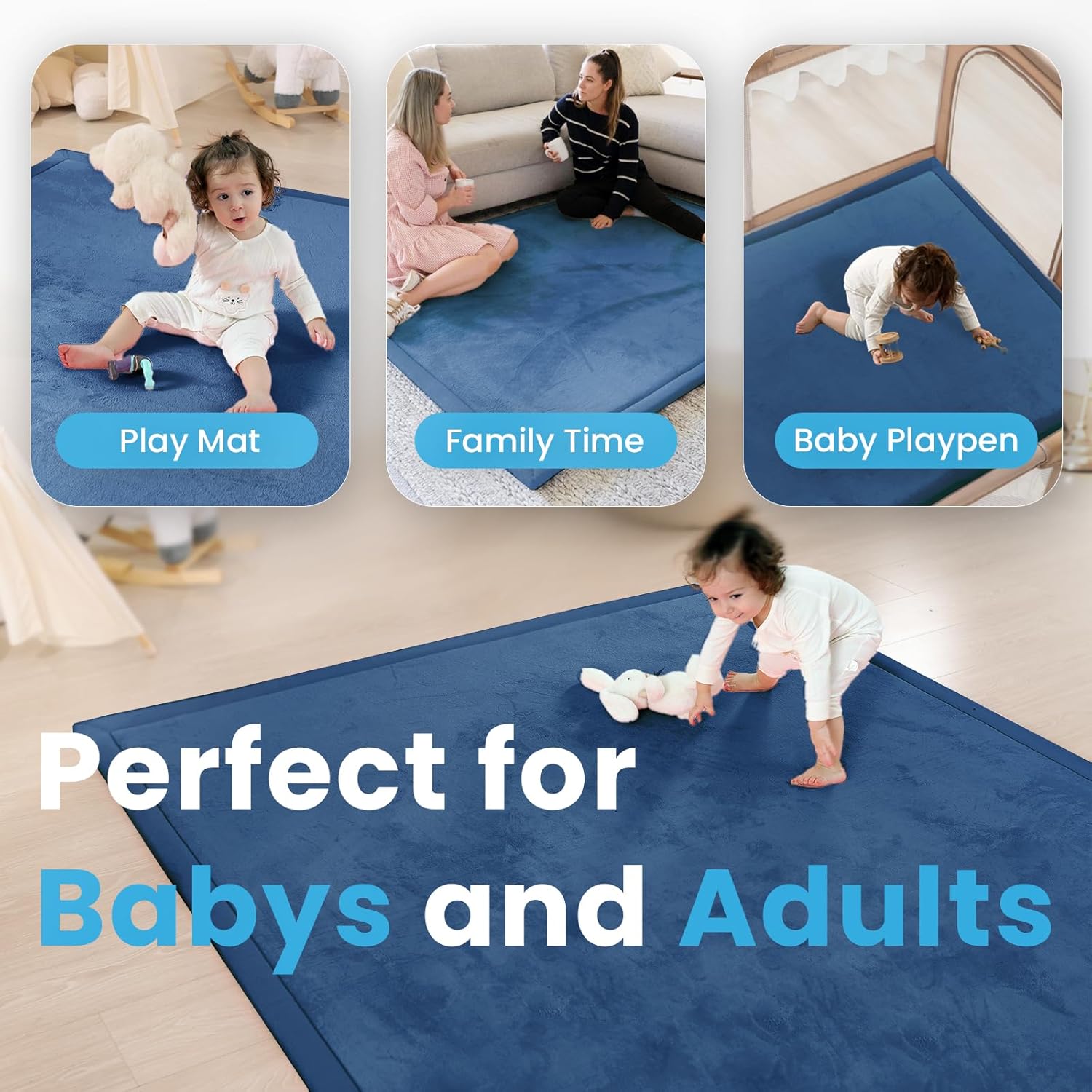 Ultra Soft Baby Play Mat,79"×79" Extra Large Activity Tummy Time Mat for Toddlers,Infants,Kids,1.3" Thick Elasti-Foam Nursery Rug for Floor,Non-Slip Safe for Crawling,Water-Repellent(Royal Blue)