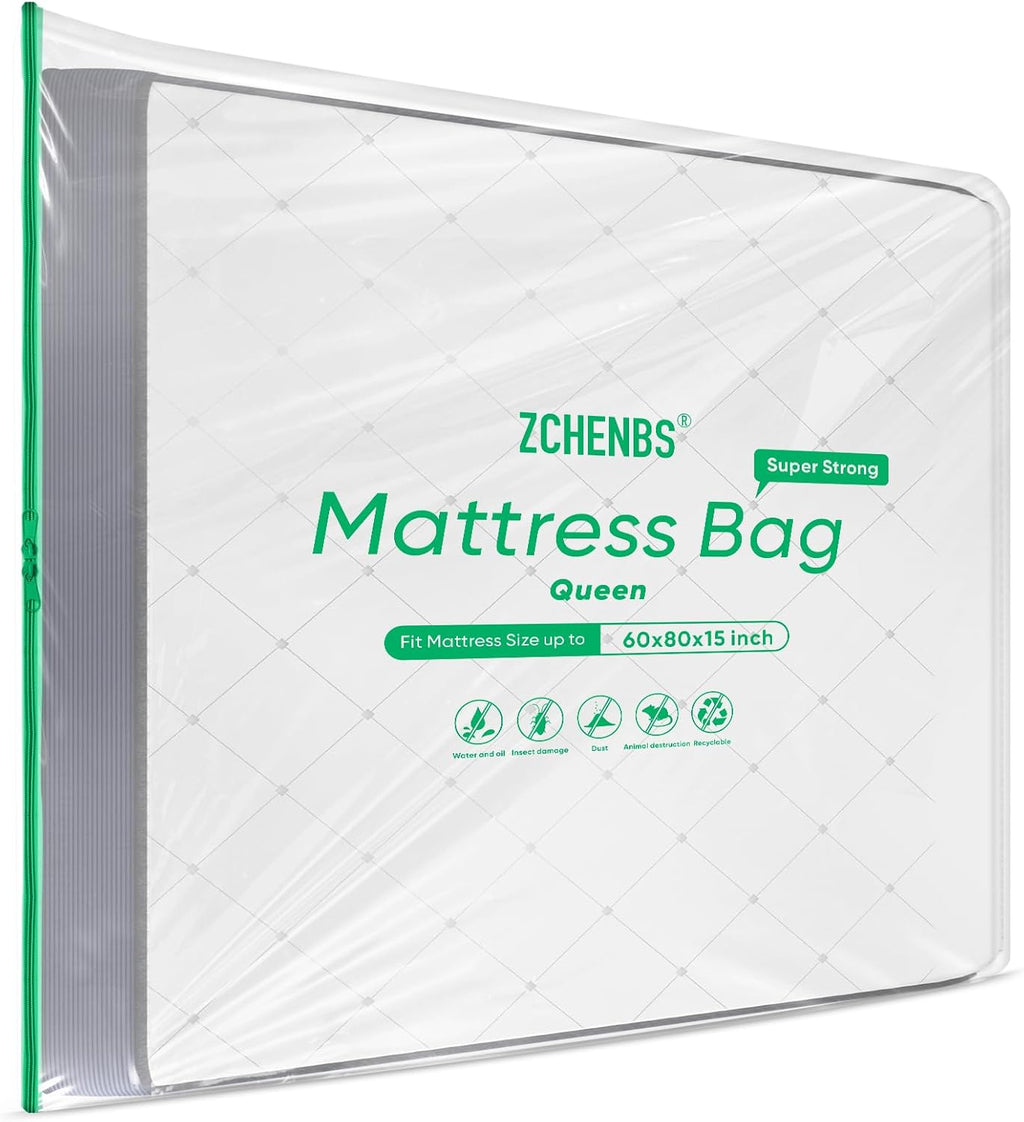 ZCHENBS® – Mattress Bags for Moving and Storage,Mattress Bag with Zippers,5 Mil Ultra-Thick Bed Bag,Waterproof,Anti-Tear,Heavy-Duty Mattress bag (Tansparent/Green, Queen-(1 Pack))