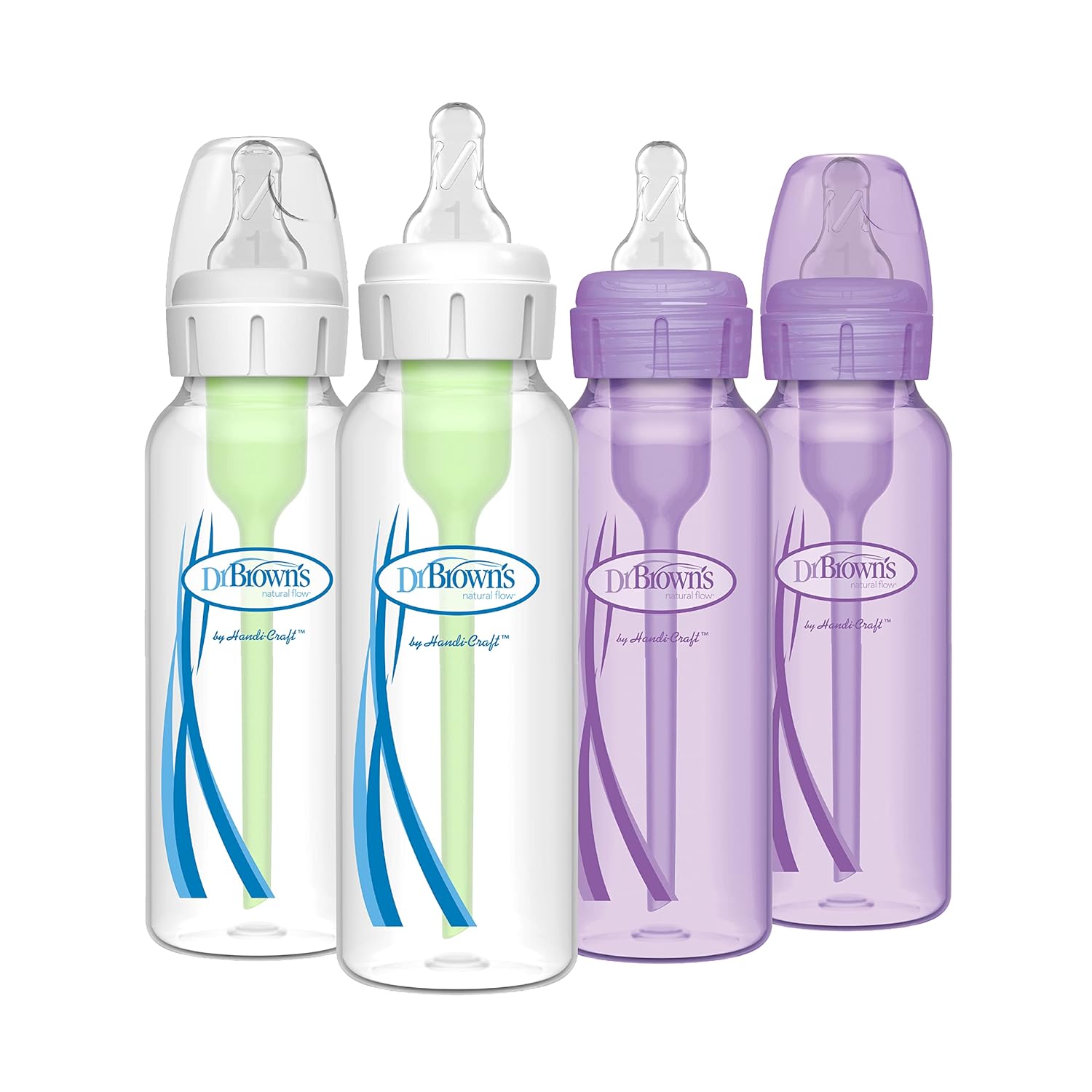 Dr. Brown’s Natural Flow® Anti-Colic Options+™ Narrow Baby Bottles, 8 oz/250ml, with Level 1 Slow Flow Nipple, 4 Pack, Purple/Clear