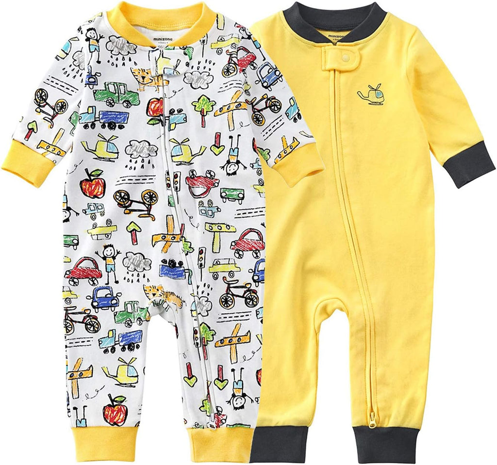 Teach Leanbh Baby 2-Pack Footless Pajamas Cotton Long Sleeve Printing 2 Way Zipper Romper Jumpsuit Sleep and Play 3-24 Months