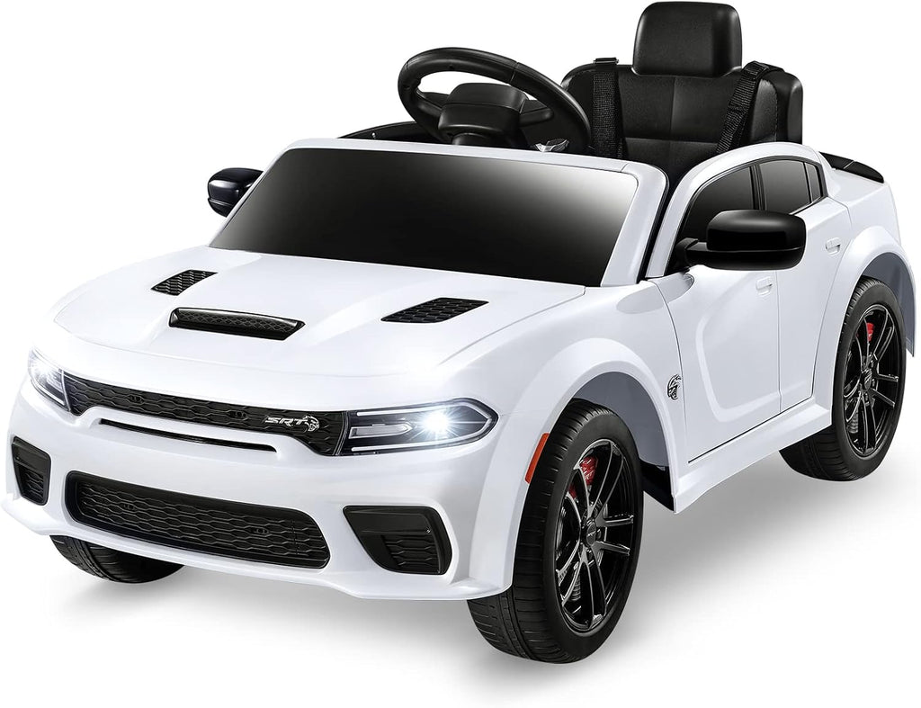 12V 7Ah Kids Electric Ride on Car, Licensed Dodge Charger SRT Hellcat, Battery Powered 4-Wheels Toy Car Electric Vehicle for Kids with Remote Control, 3 Speeds, LED Lights, Music (White)