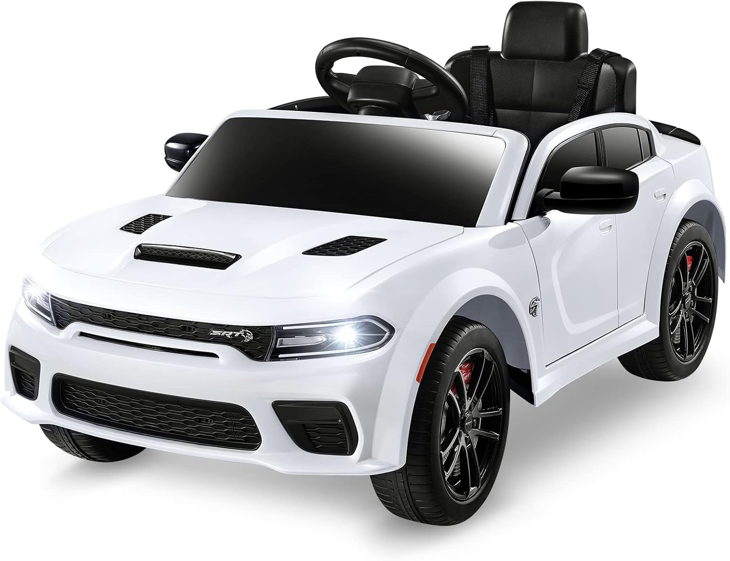 12V 7Ah Kids Electric Ride on Car, Licensed Dodge Charger SRT Hellcat, Battery Powered 4-Wheels Toy Car Electric Vehicle for Kids with Remote Control, 3 Speeds, LED Lights, Music (White)