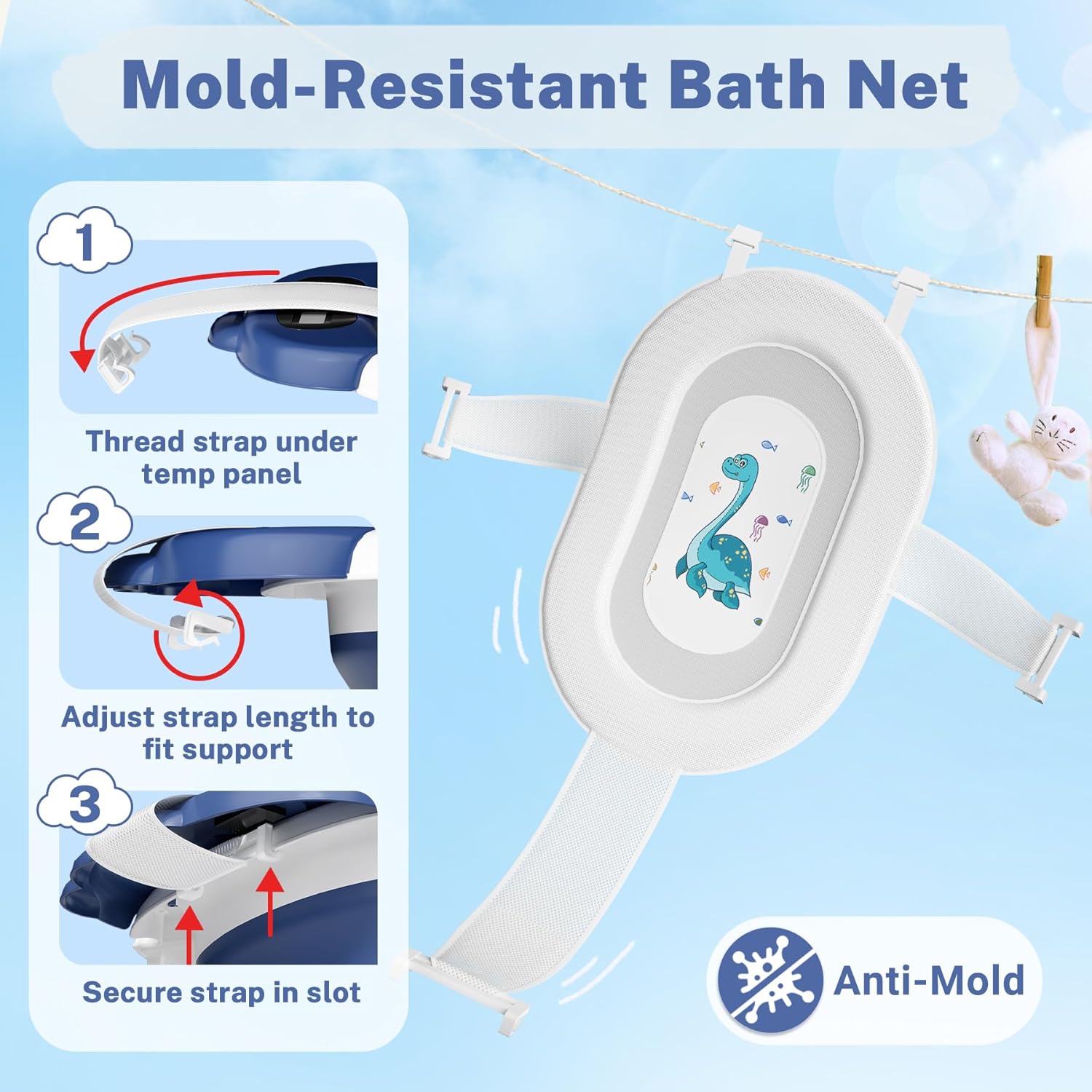 AVIDOR Baby Bathtub,Collapsible Bathtub for Newborn to Toddler,Durable Essential Infant Bath Tub,Portable Travel Baby Tub with Soft Bath Net,No-Slip Feet and Dinosaur Shaped (Navy Blue)