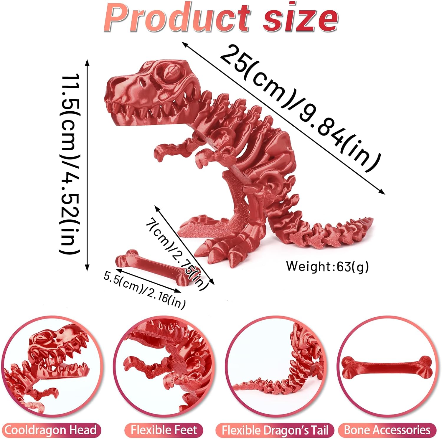 3D Printed Dinosaur Bones Tyrannosaurus Rex Skeleton with Movable Joints, 3D Model Skull T-Rex, Flexible Articulated Dinosaur Fidget Toys Adults for Autism/ADHD