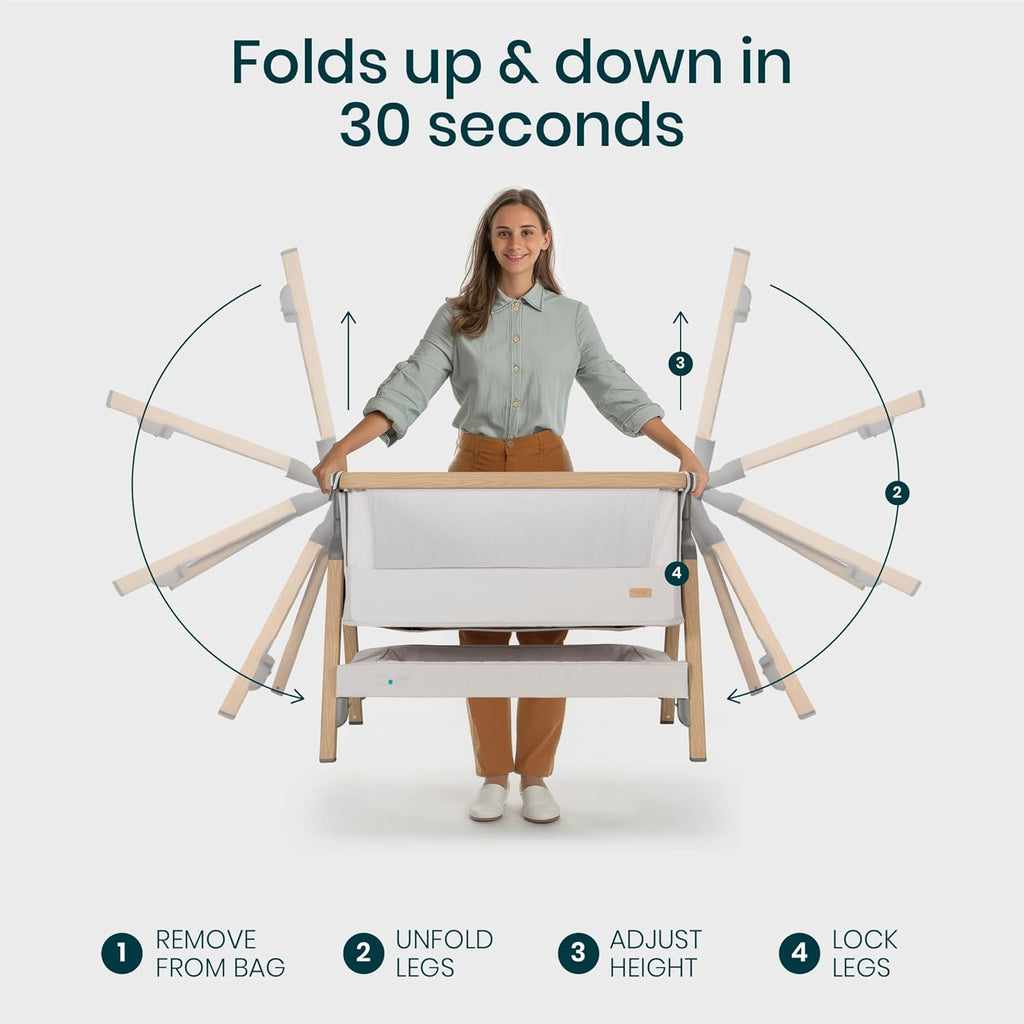 CoZee® 2-in-1 Baby Bassinet & Bedside Sleeper - Fast-Folding Bedside Bassinet, Baby Crib with 6 Mattress Heights & Breathable Mesh Window, Mattress Included, 0-6 Months (Silver & Oak)