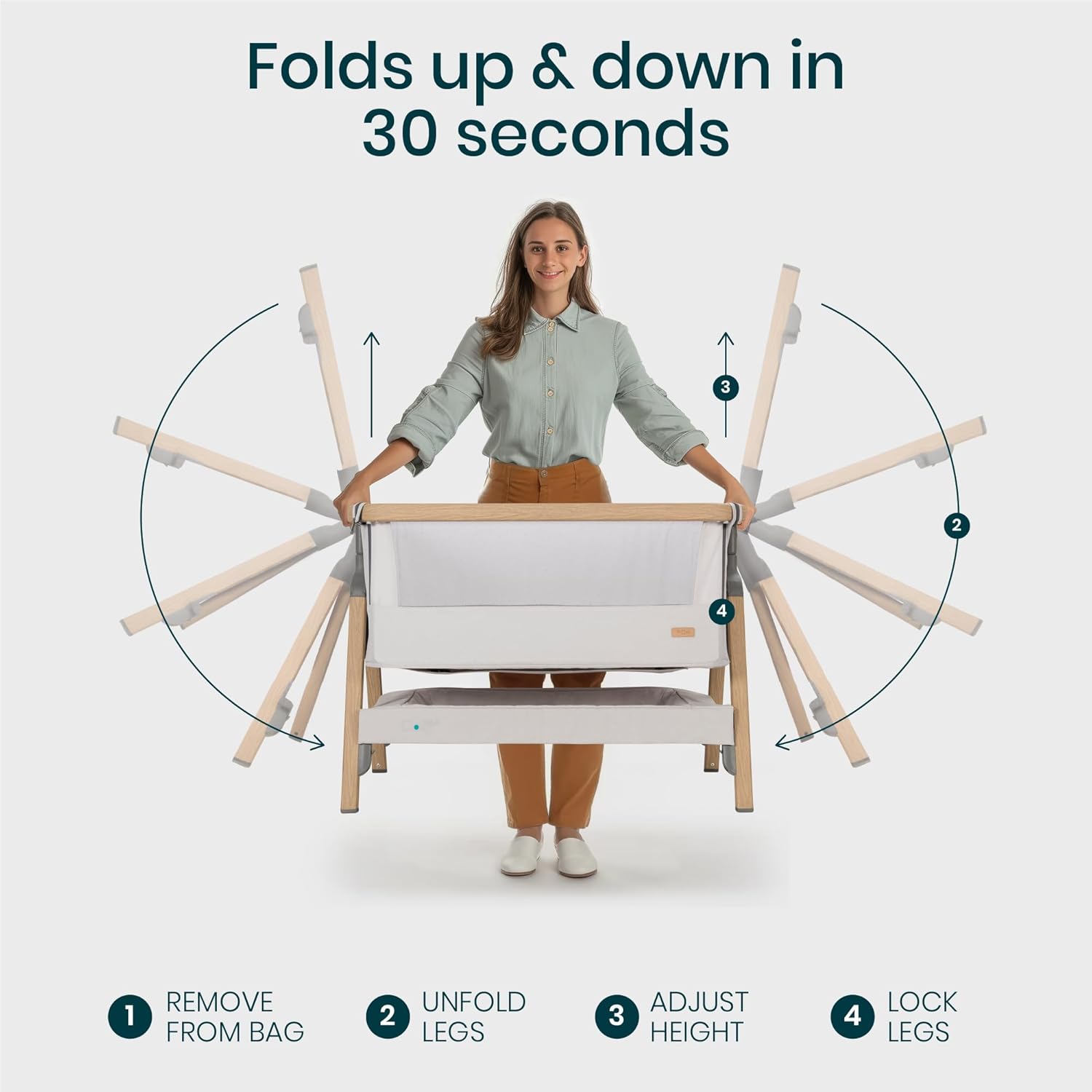 CoZee® 2-in-1 Baby Bassinet & Bedside Sleeper - Fast-Folding Bedside Bassinet, Baby Crib with 6 Mattress Heights & Breathable Mesh Window, Mattress Included, 0-6 Months (Silver & Oak)