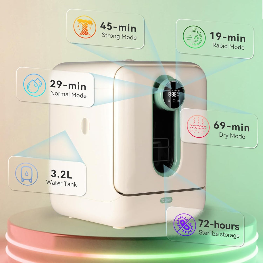 ICUIRE Baby Bottle Washer, Sterilizer & Dryer Pro, Newborn Essential for Parents One-Hand Operation, 4 Sterilize Modes for Baby Stuff, 3.2L Water Tank for Clean Bottles, Pump Part &Pacifiers, Baby Toy