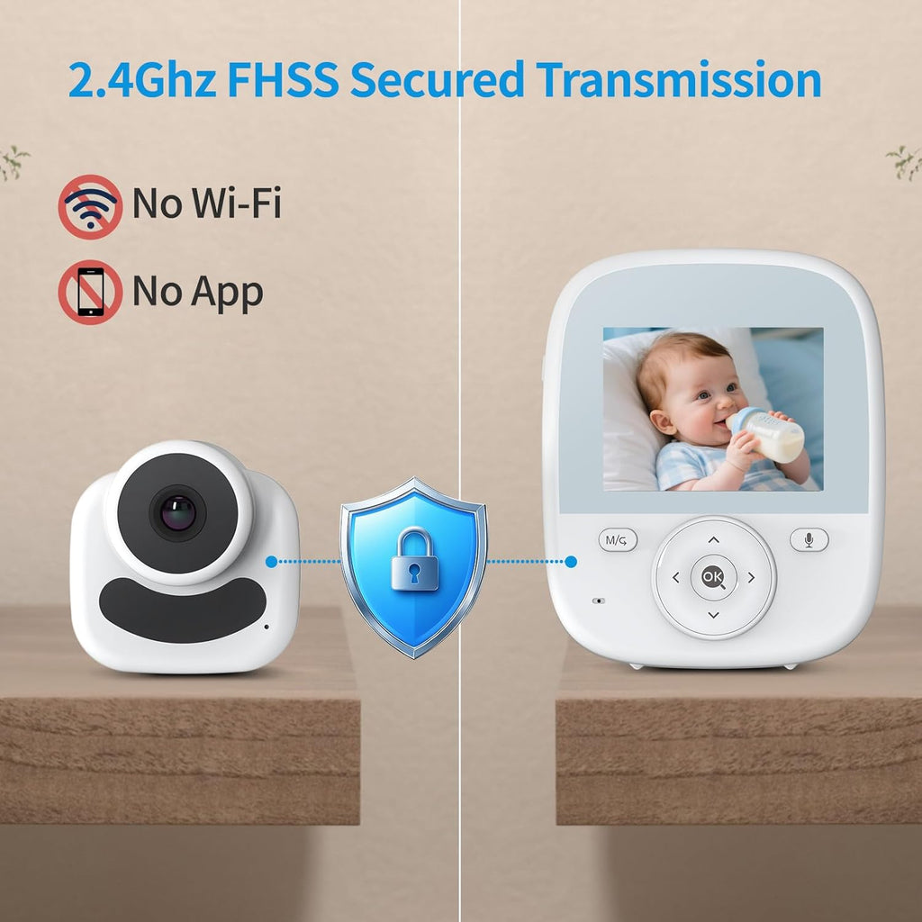Baby Monitor with Camera and Audio, 2.8" Video Baby Monitor with Secure Transmission No WiFi, Night Vision, Temperature Sensor, Two-Way Talk, Al Off-Lens Detection, Feeding Reminder