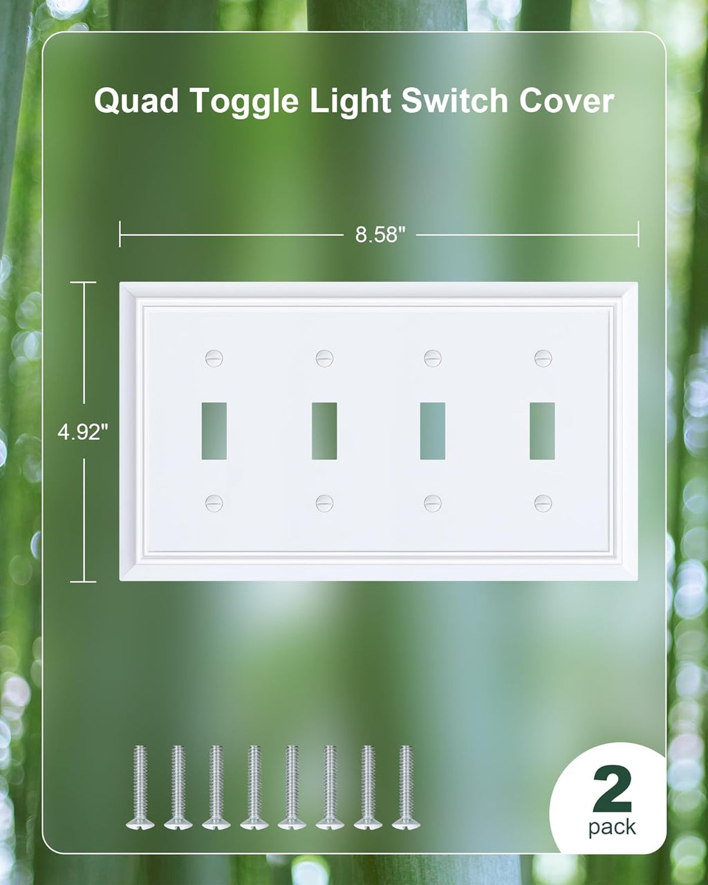 2-Pack Quad Toggle Light Switch Cover Plate, Pure White Decorative Switch Plate Covers, Natural Bamboo Fiber 4 Gang Wall Plate for Toggle Light Switch and Rotary Dimmer Switch