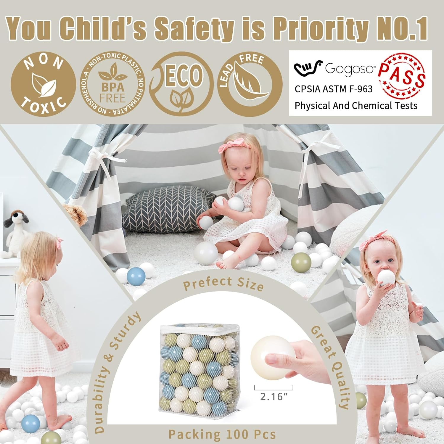 GOGOSO Ball Pit Balls - 2.15inch Plasticsball for Kids Toddlers Birthday Gifts, Summer Vibrant Colors Visual Stimulation Xmas Decor, Creamy Green+Creamy Blue+ Soft White