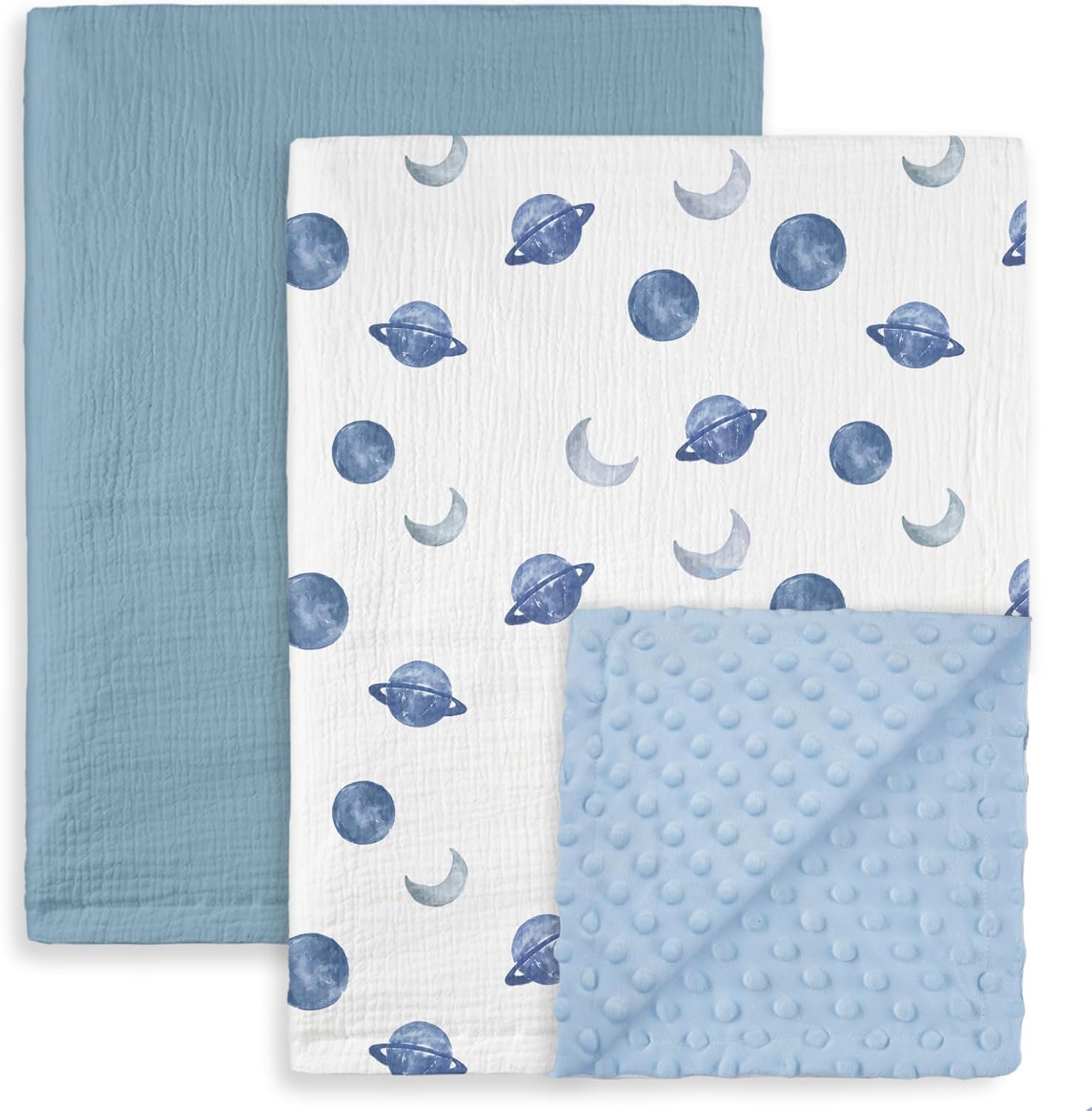 GLLQUEN BABY Blankets for Unisex Boys Girls, 2-Pack Muslin Cotton Front Soft and Breathable, and Dotted Fleece Backing, Printed Bed Nursery Minky Blankets for Toddler Newborn, Space, 30 x 40 inches