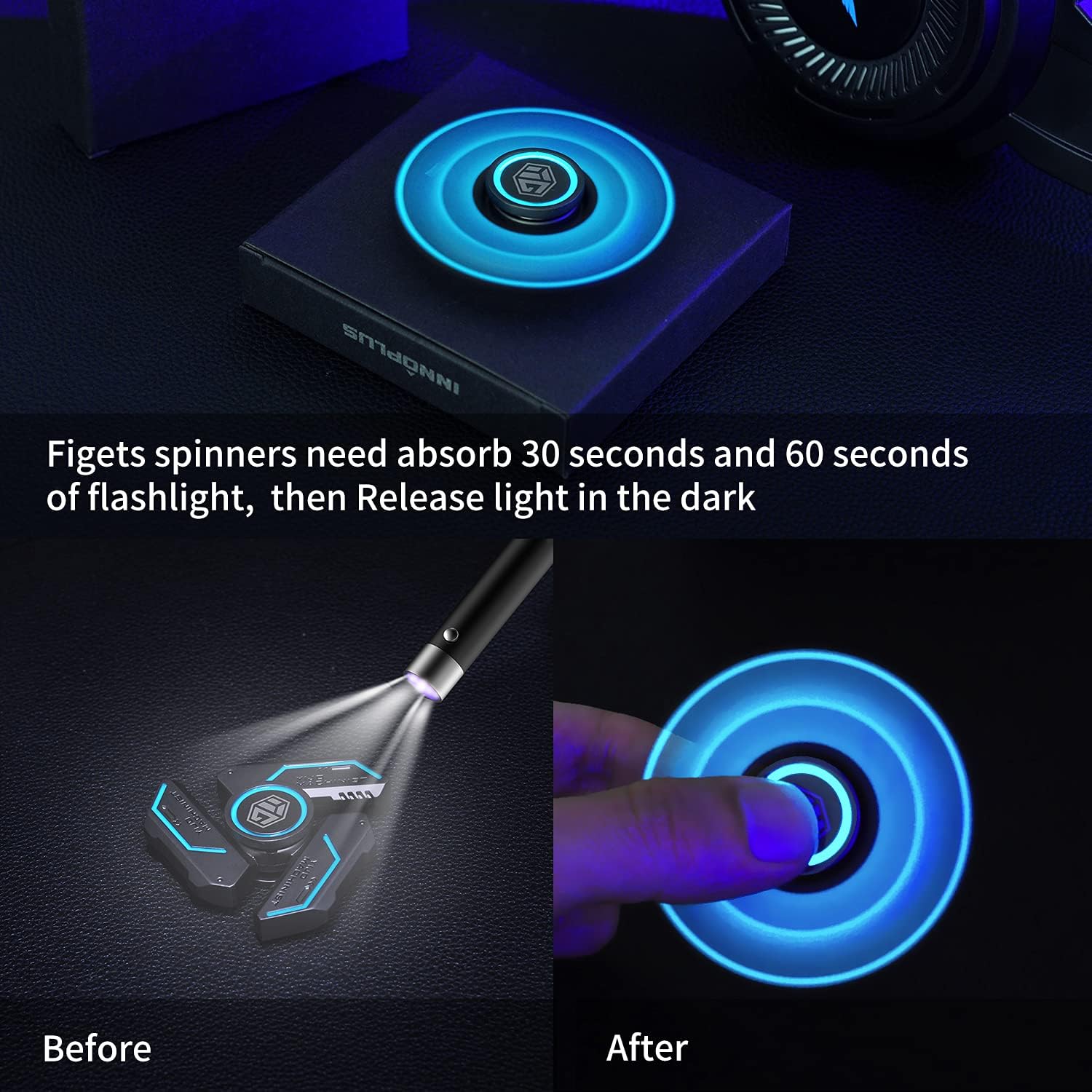 Fidget Spinners, Fidget Spinners Toy, Stress Anxiety ADHD Relief Figets Toy, Spinner Gifts for Adults and Kids, Metal Finger Hand Toy with Luminous Light, Absorb Solar Light Then Release in Dark