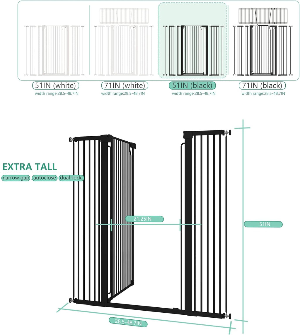 51" Extra Tall Cat Gate for Doorway Auto Close Encrypted Cat Gate 28.5"-48.7" Adjustable Width Pet Gate Include 5.5" and 8.26" Extension Kits No Drilling Pressure Mount Kit