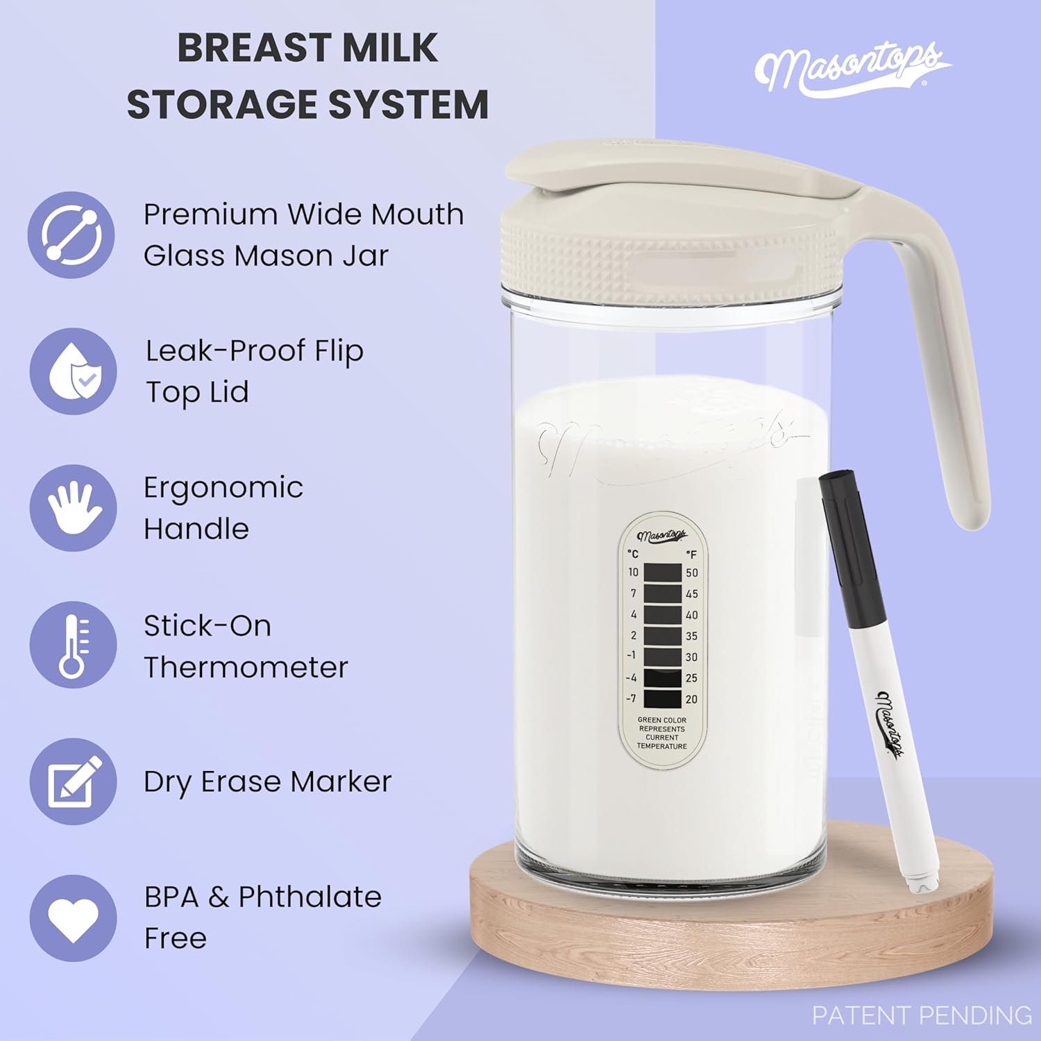 Masontops Breast Milk Storage Kit - 24oz Airtight Mason Jar with Handle, Marker & Stick-on Thermometer for New Moms