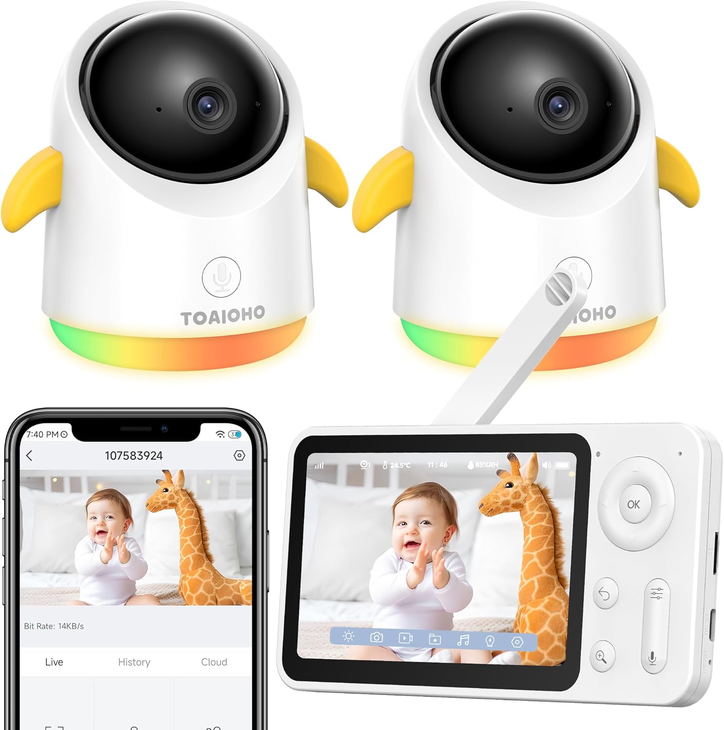 Baby Monitor with 2 Cameras and Audio WiFi/No WiFi: Baby Monitor WiFi Smartphone APP Control NightVision 4.3' Screen Smart Video Baby Monitor with Remote PTZ 2-Way Talk Motion & Cry Alert iOS/Android