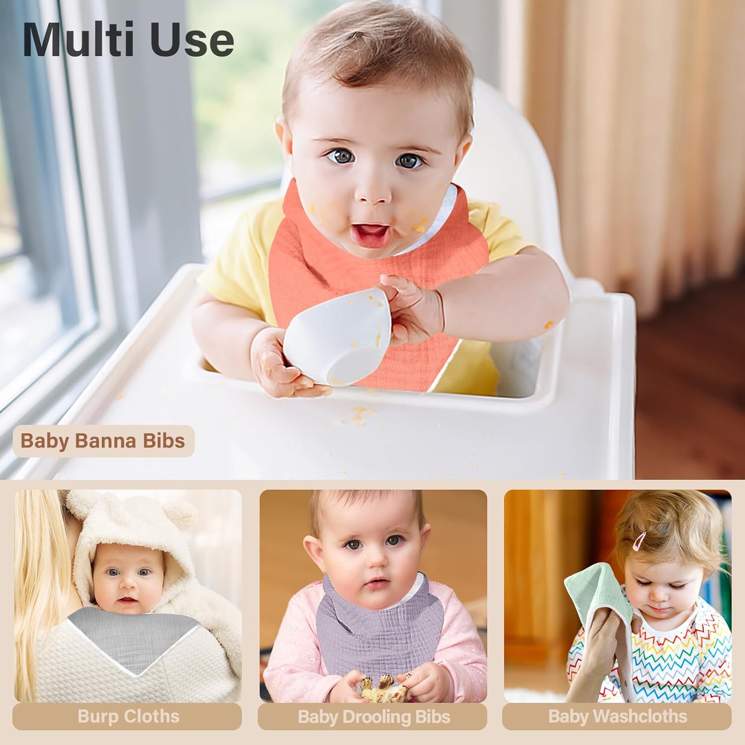 Muslin Baby Bibs,Soft Triangular Baby Bandana Drool Bibs for Baby Boy Girl,Solid Colors Bib for Drooling Teething