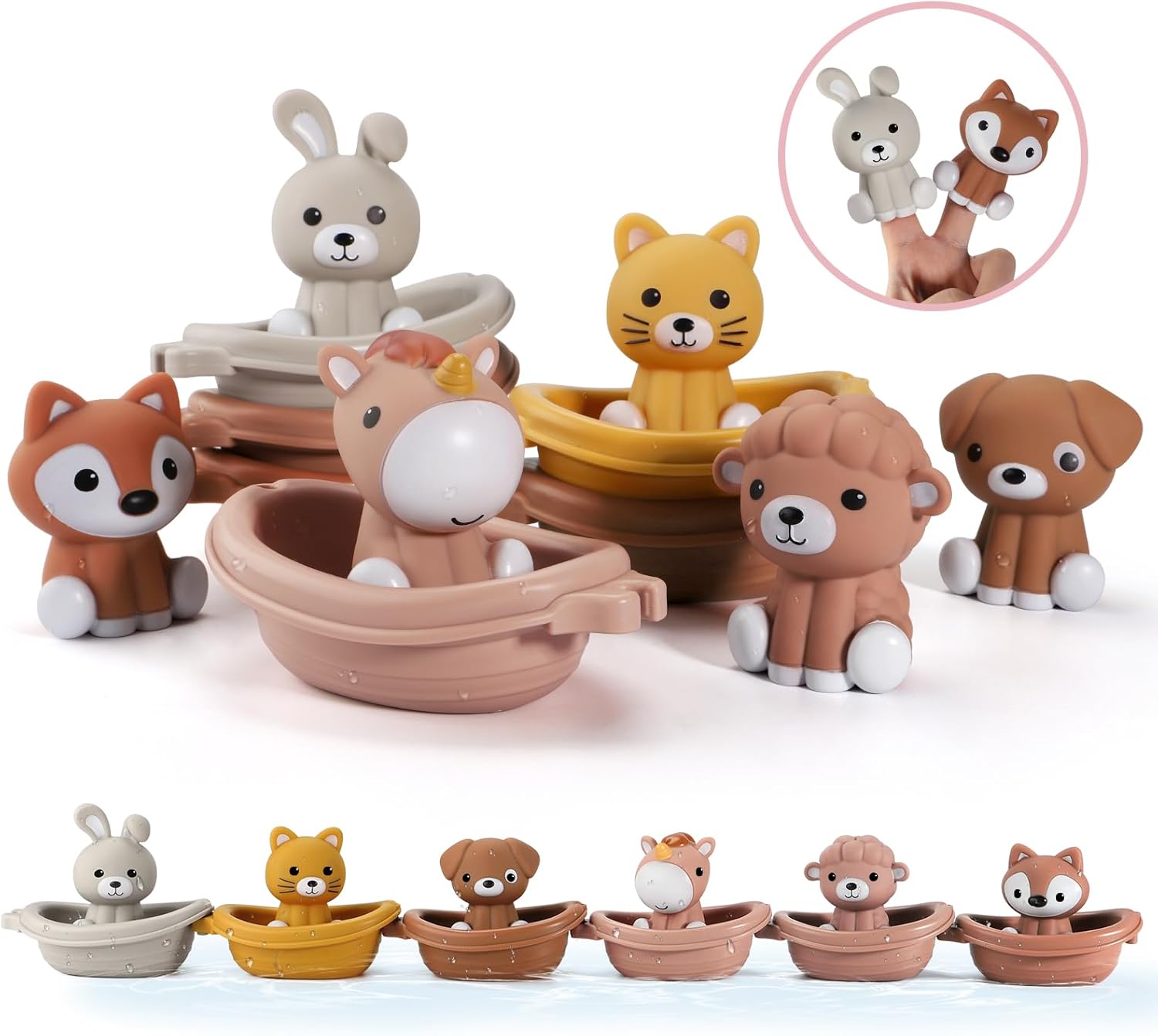 Nueplay Bathtub Toys for Toddlers 18M+，Baby Bath Toys with Animal Finger Puppets， Stackable Boat Train ，Gift for Baby & Toddlers Set of 12