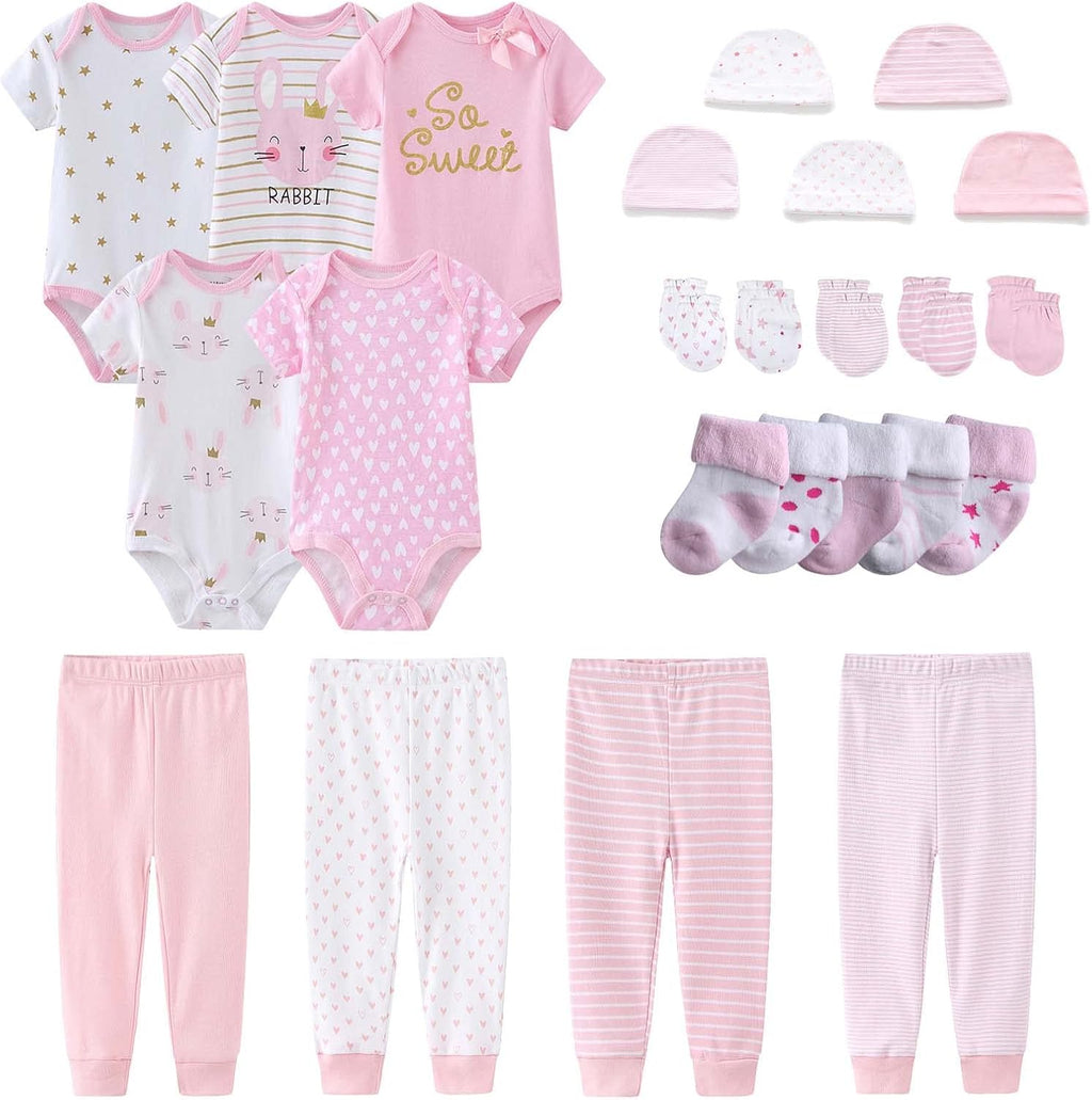 Newborn Layette Gift Set Bodysuits Pants for Baby Girl and Boy 24 Piece 100% Cotton Essentials and Accessories