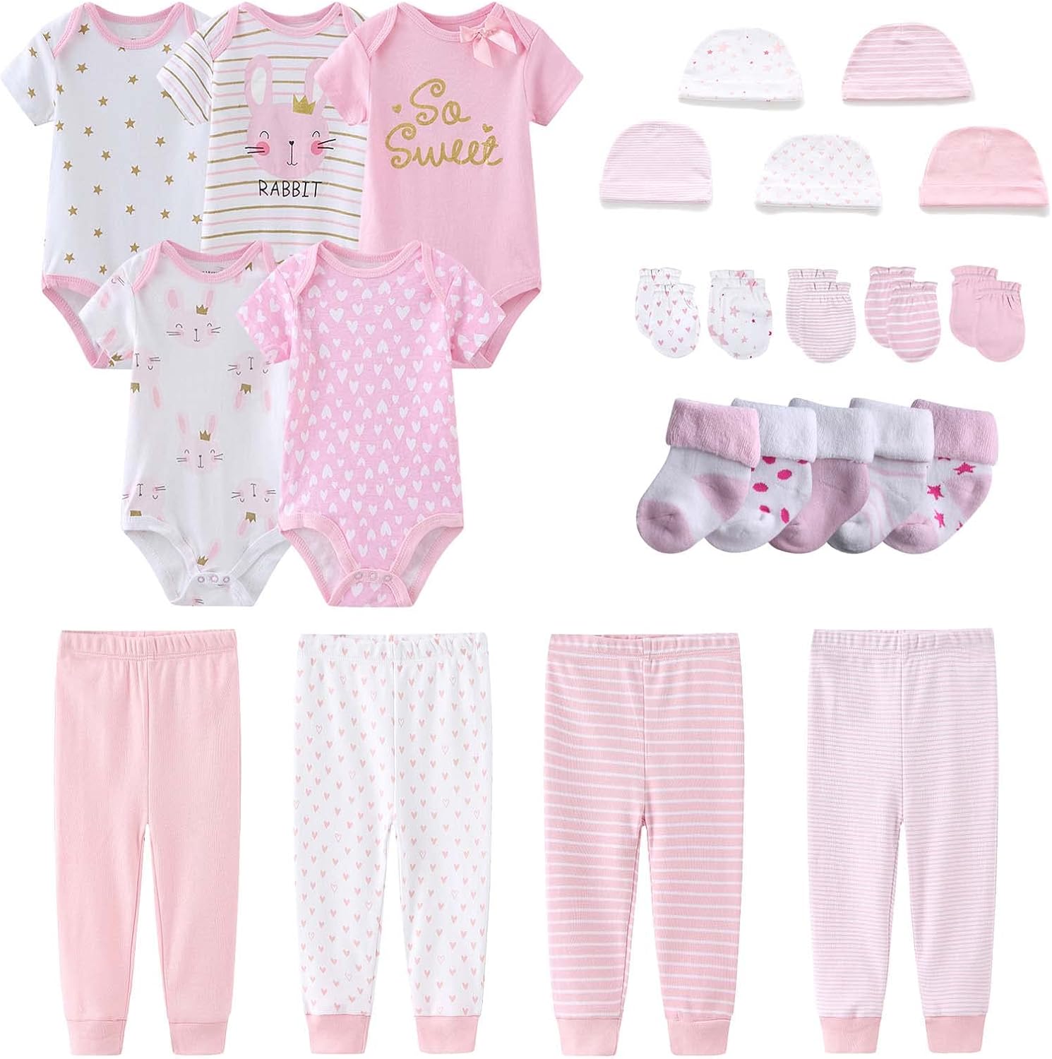 Newborn Layette Gift Set Bodysuits Pants for Baby Girl and Boy 24 Piece 100% Cotton Essentials and Accessories