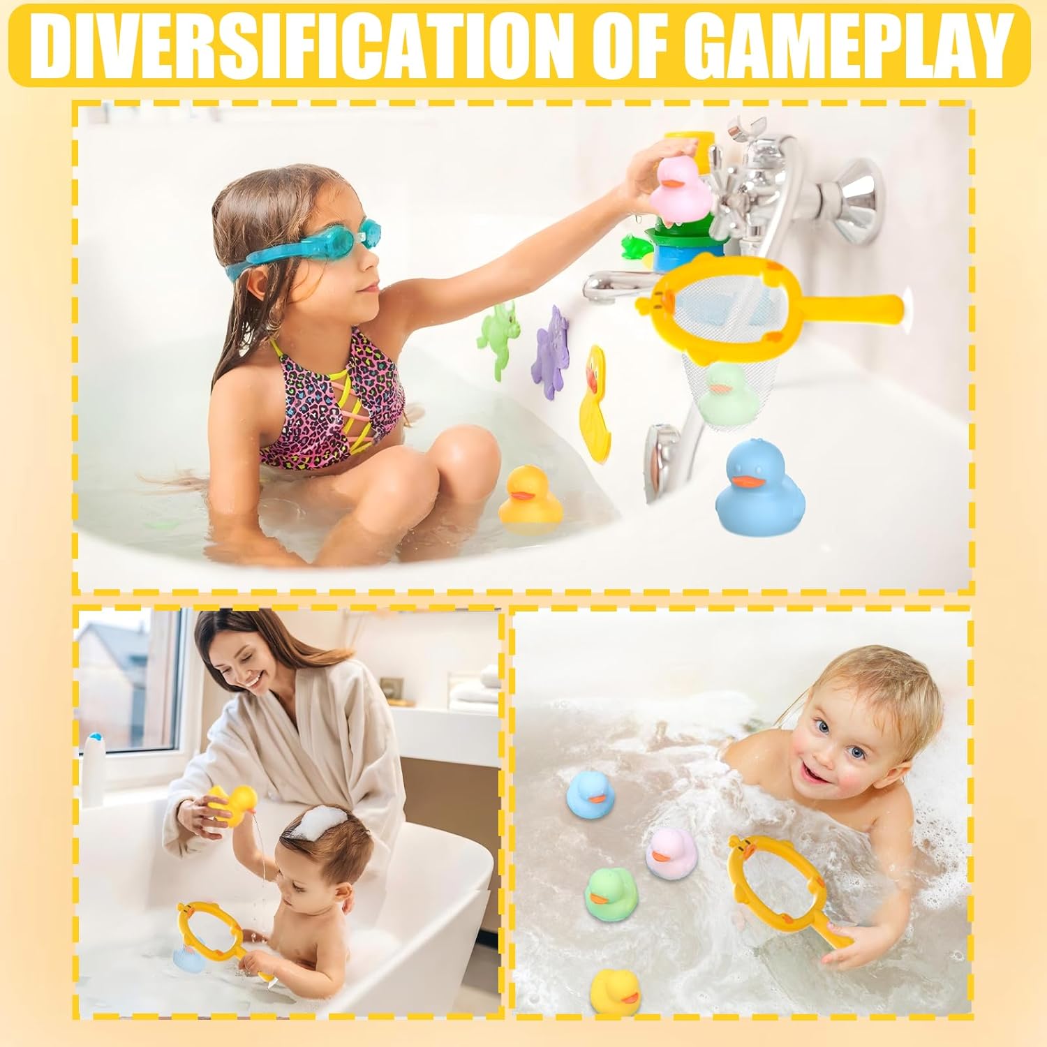 6Pcs Mold-Free Bath Toy Silicone Duck Set for Toddlers 1-3 Years and Babies 6-12 Months, Dishwasher Safe, with Duck Fishing Net and Storage Bag