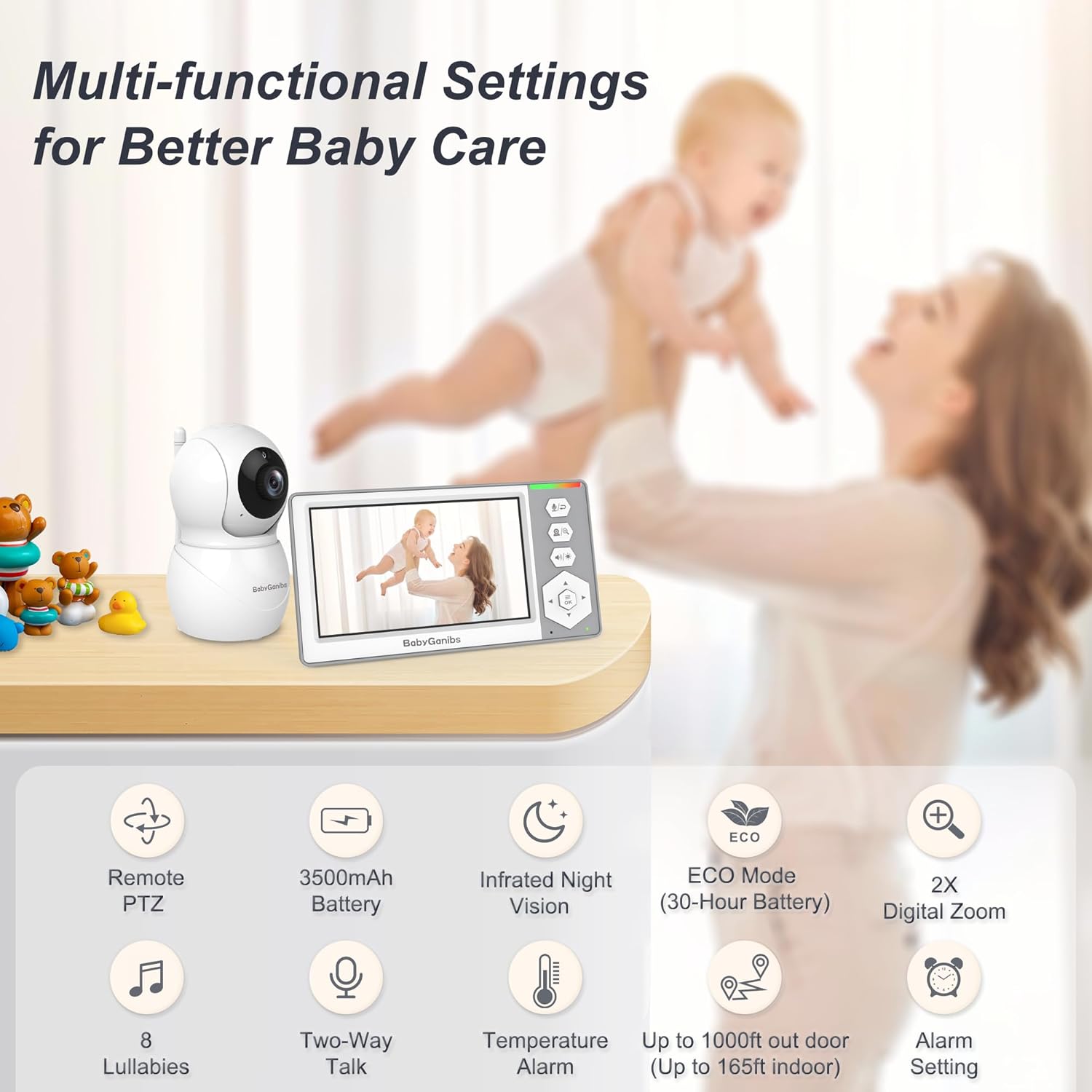 Baby Monitor with Camera and Audio, 4.3'' Video Baby Monitor with 1000ft Long Range and 30-Hour Battery, No WiFi,Night Vision, ECO Mode, 2-Way Talk