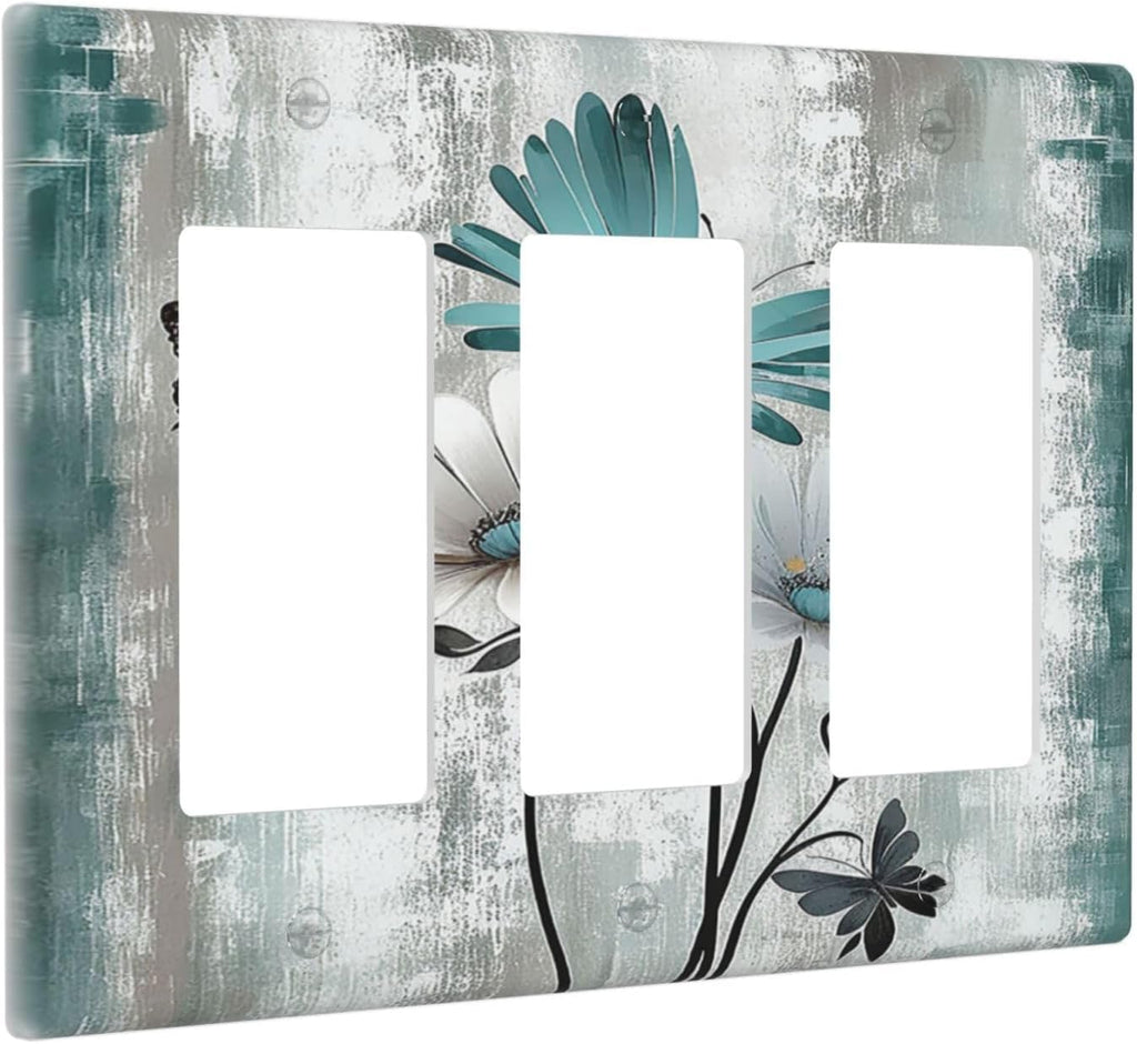 Light Switch Covers Rustic Teal Daisy Floral Flowers Butterfly Wood Grain 3 Gang Rocker Electrical GFCI Decorative Triple Outlet Wall Plate Cover Switchplate for Bathroom Bedroom Decor