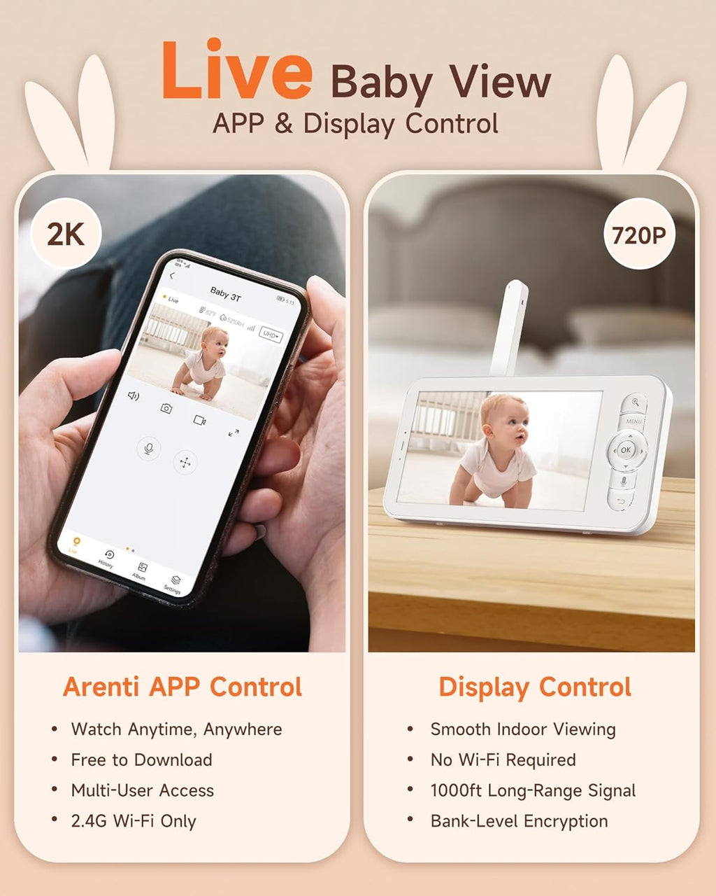 ARENTI Baby Monitor with 2 Cameras, 2K Smart Baby Camera with 5'' Upgraded Wireless Display, Super Night Vision, Breathing Light, Lullabies, Cry&Motion Detection, Temp&Humidity Sensor, 2 Way Audio