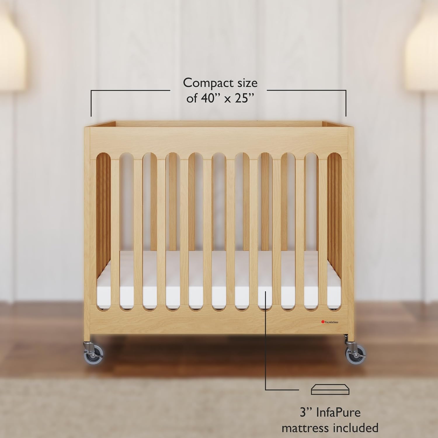 Foundations Boutique Folding Mini Baby Crib - Compact, Portable, Wooden Hotel Crib, Foldable Mini Cribs for Baby & Toddlers - Includes 3" Foam Mattress - Natural