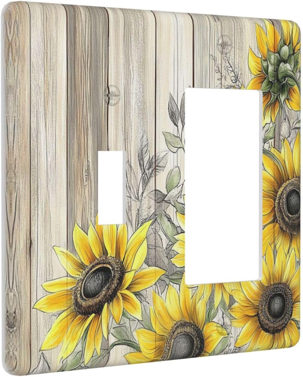 Outlet Covers Floral Sunflower Rustic Flower Vintage Wood 1 Toggle 1 Rocker Combination Decorative Wall Plate Electrical Switch Plates Light Switch Cover Plate For Farmhouse Cabin Decor