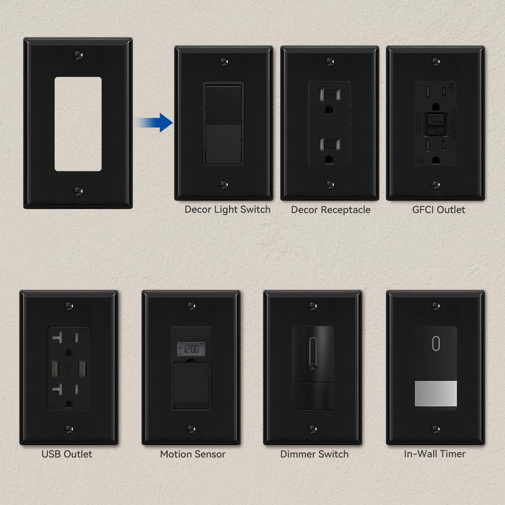 ELEGRP Decorative Receptacle Wall Plate, 1-Gang Mid Size Outlet Decorator Cover, Unbreakable Polycarbonate Dual Port Faceplates Covers, UL Listed, Screws included (10 Pack, Glossy Black)