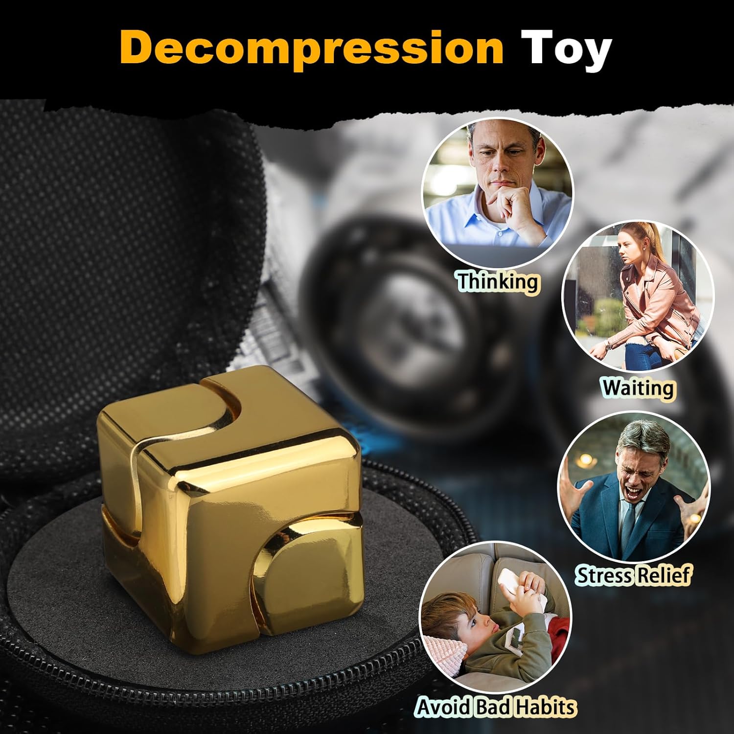 Metal Cube Fidget Spinner Toy for Kids Adults, Gold Cube Fidget Block Figner Spinner Focus 2 in 1 Spinning for Boys 3-12, Mini Gadget Easter Basket Stuff Desk Relaxing EDC Toy